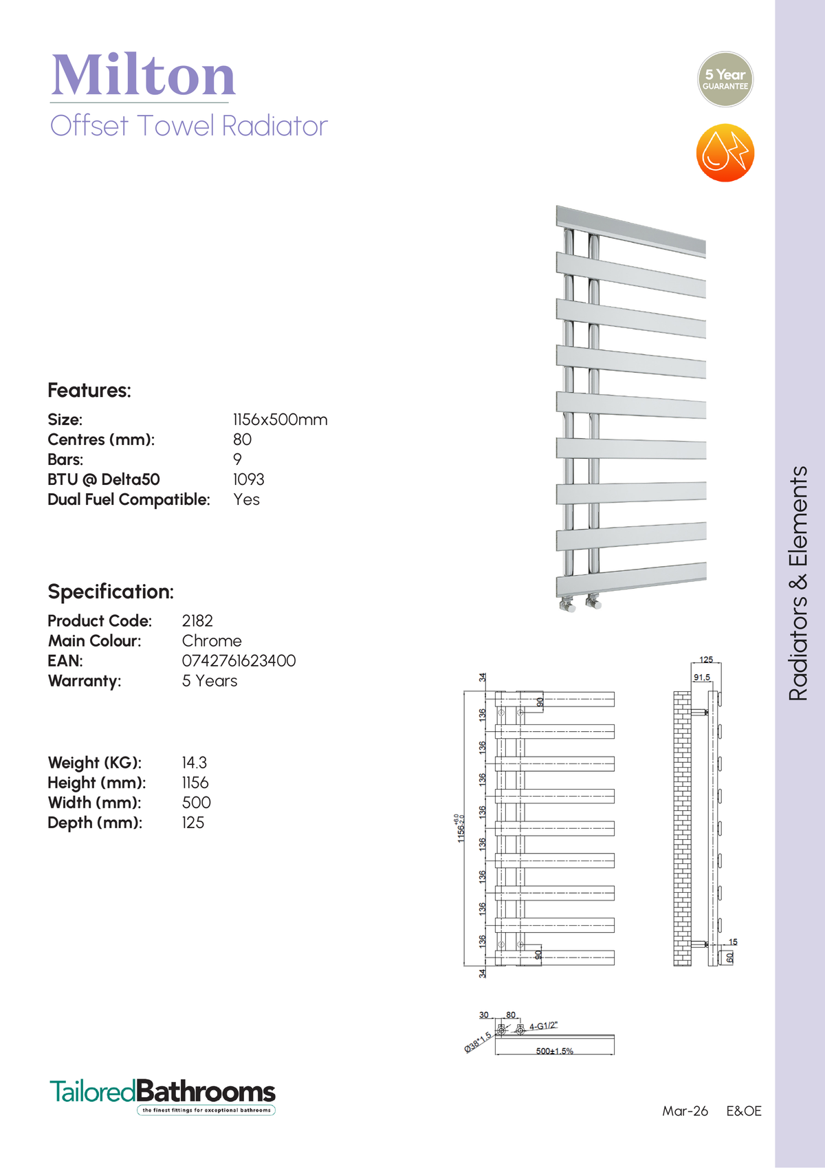Tailored Milton Offset Designer Towel Radiator - Chrome - specification sheet with technical drawing and dimensions