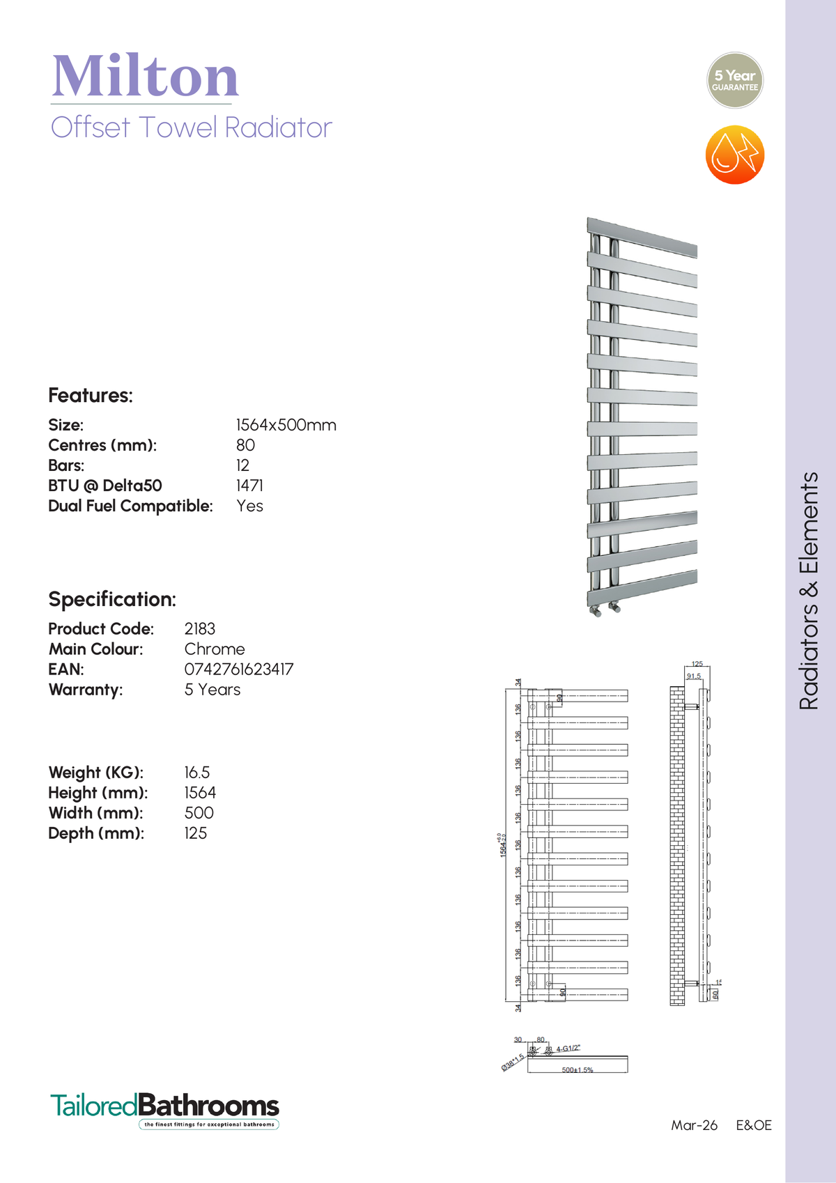 Tailored Milton Offset Designer Towel Radiator - Chrome - specification sheet with technical drawing and dimensions