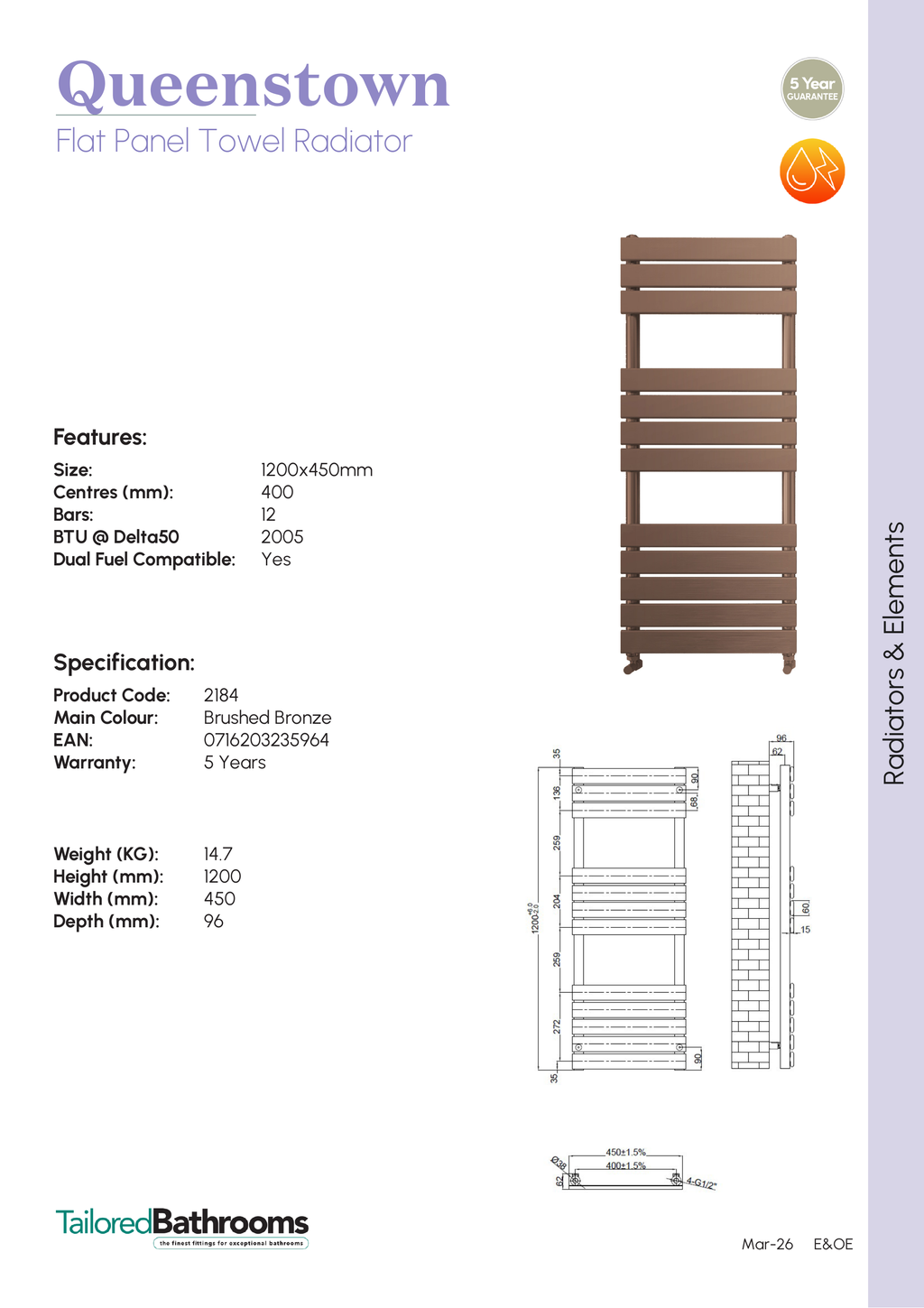 Tailored Queenstown Vertical Designer Towel Radiator