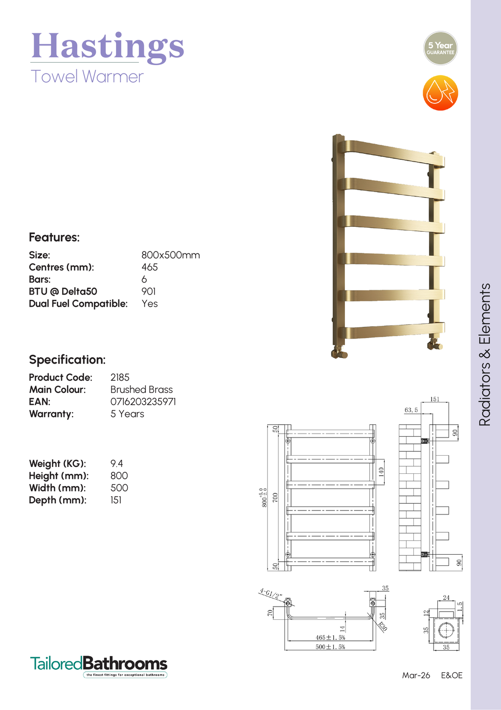 Tailored Hastings Vertical Towel Radiator - Brushed Brass - specification sheet with technical drawing and dimensions