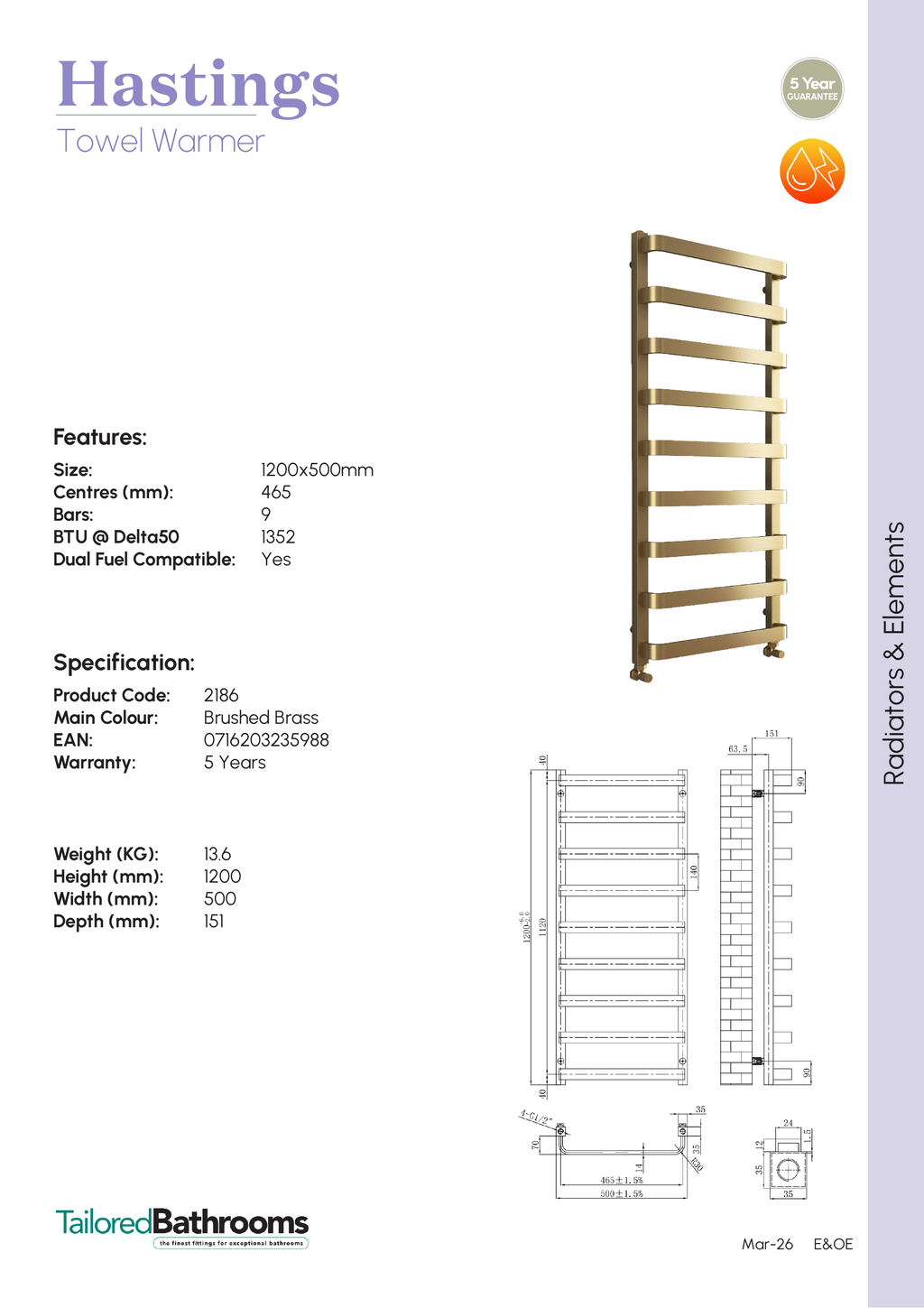 Tailored Hastings Vertical Towel Radiator - Brushed Brass - specification sheet with technical drawing and dimensions