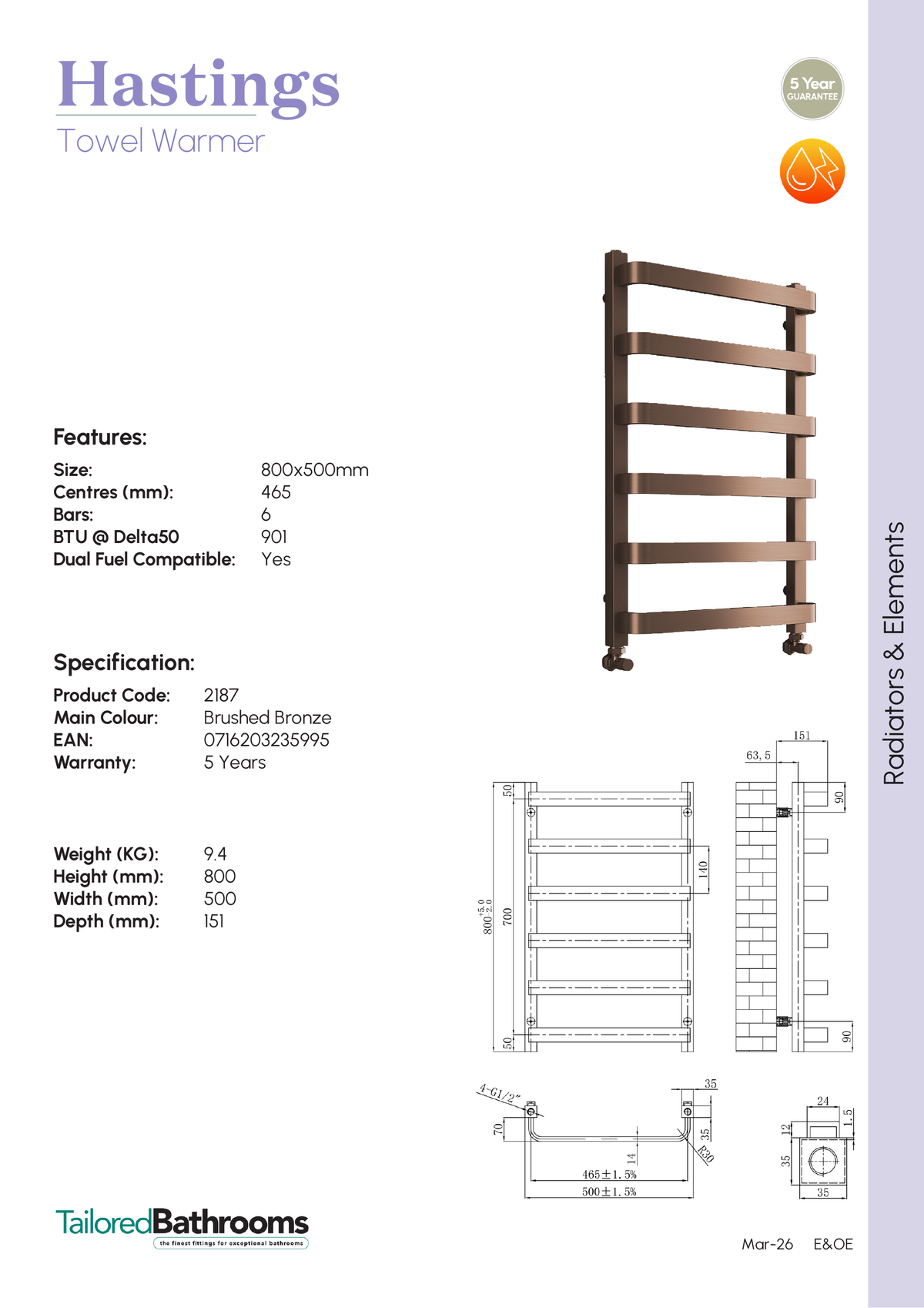 Tailored Hastings Vertical Towel Radiator - Brushed Bronze - specification sheet with technical drawing and dimensions
