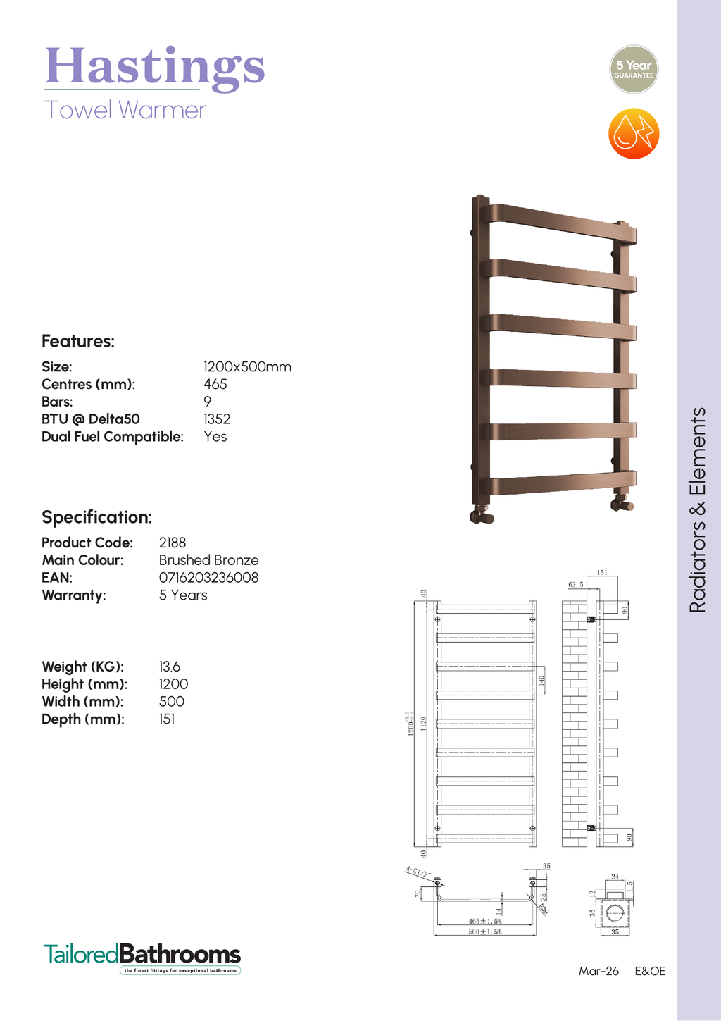 Tailored Hastings Vertical Towel Radiator - Brushed Bronze - specification sheet with technical drawing and dimensions