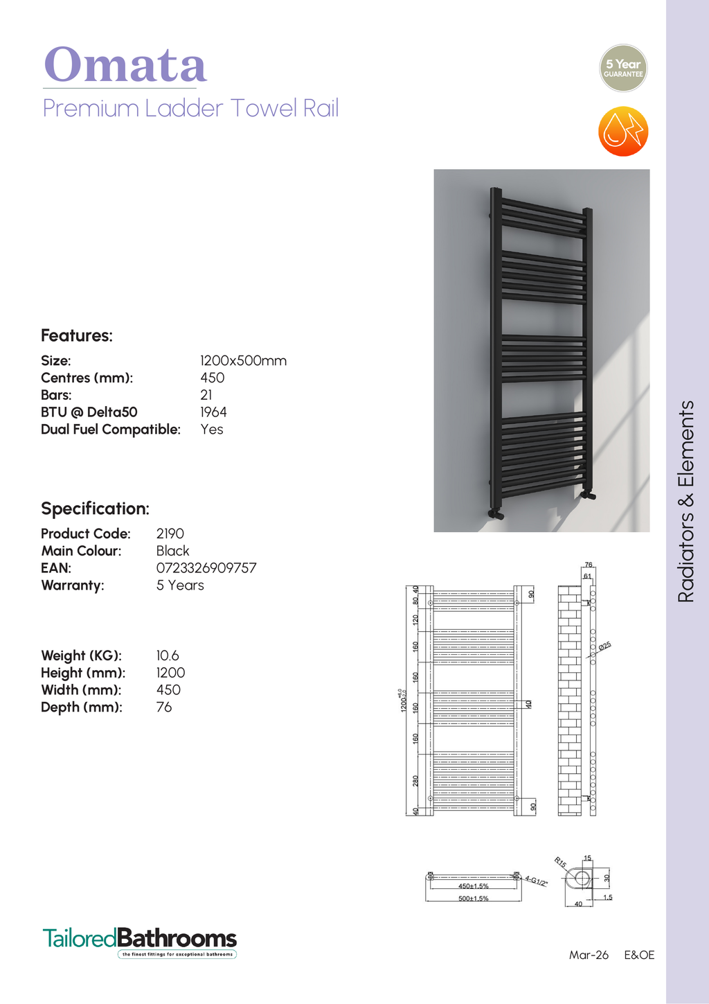 Tailored Omata 1200x500mm Towel Rail - specification sheet with technical drawing and dimensions