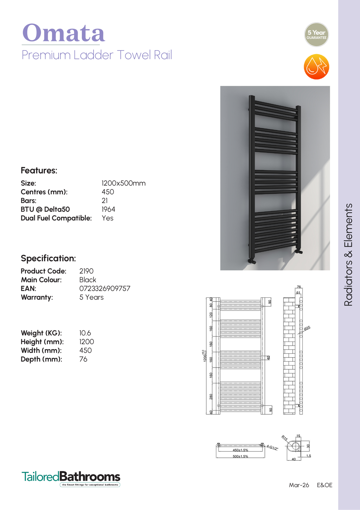 Tailored Omata 1200x500mm Towel Rail - specification sheet with technical drawing and dimensions