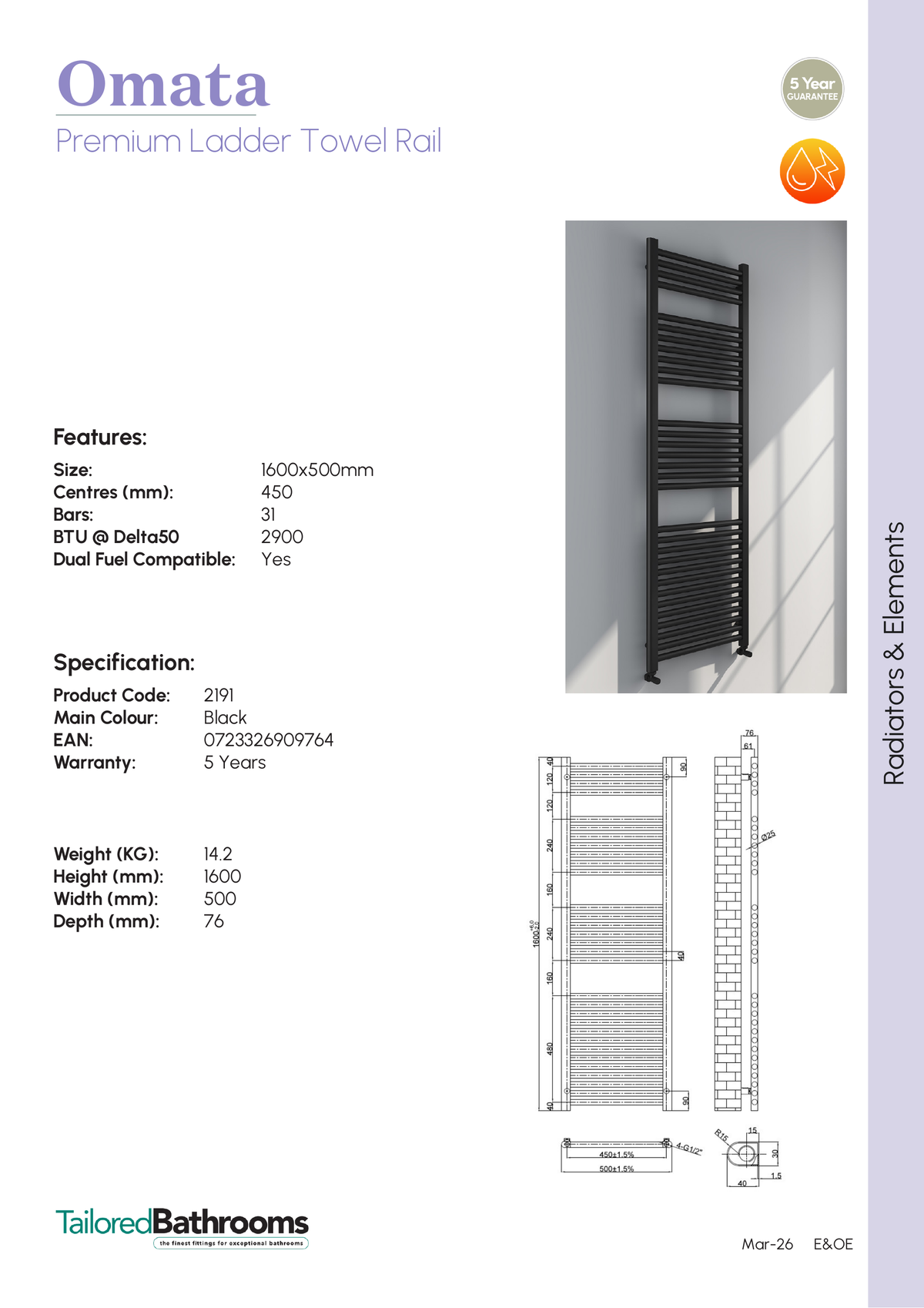 Tailored Omata 1600x500mm Towel Rail - specification sheet with technical drawing and dimensions
