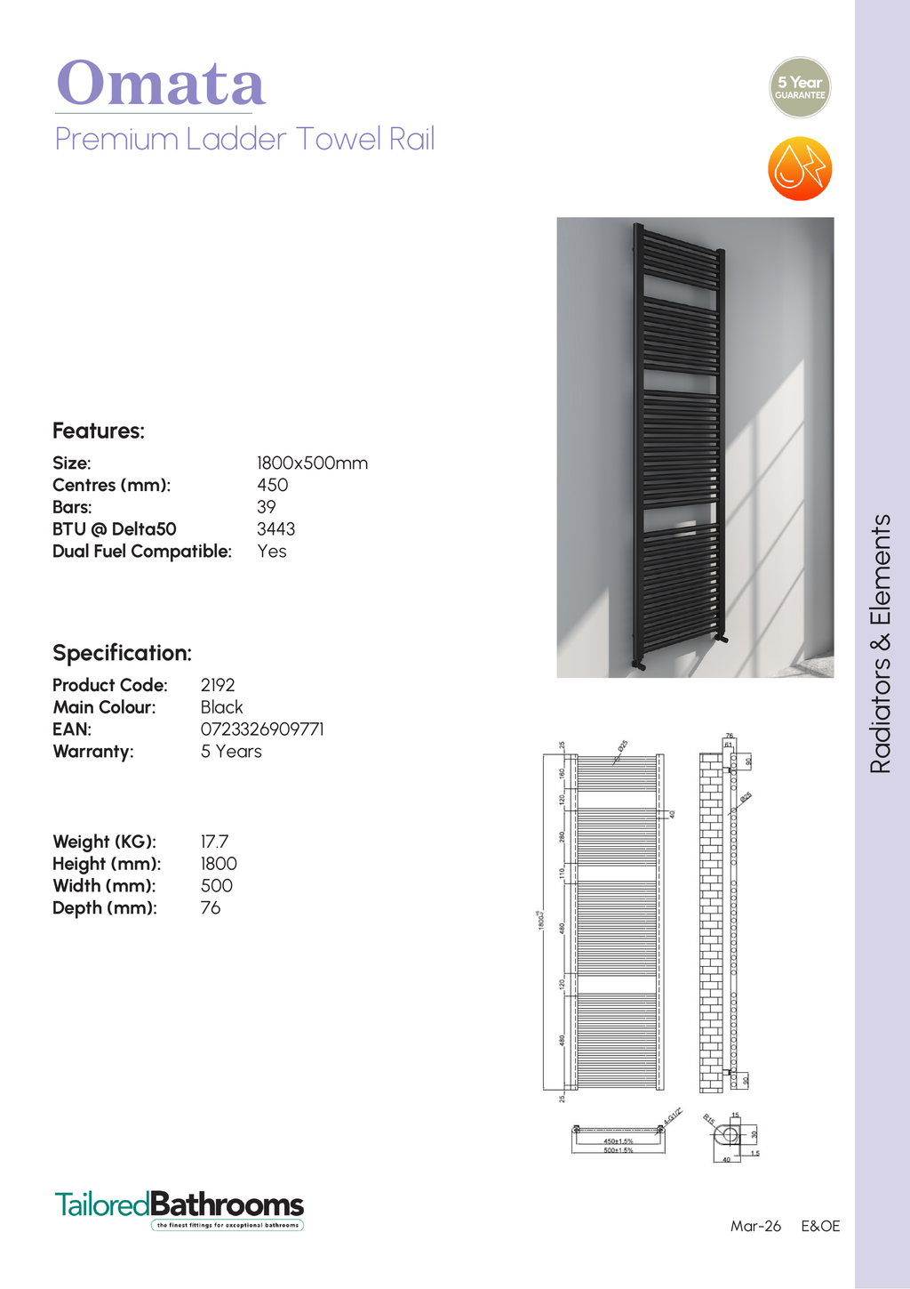 Tailored Omata 1800x500mm Towel Rail - specification sheet with technical drawing and dimensions