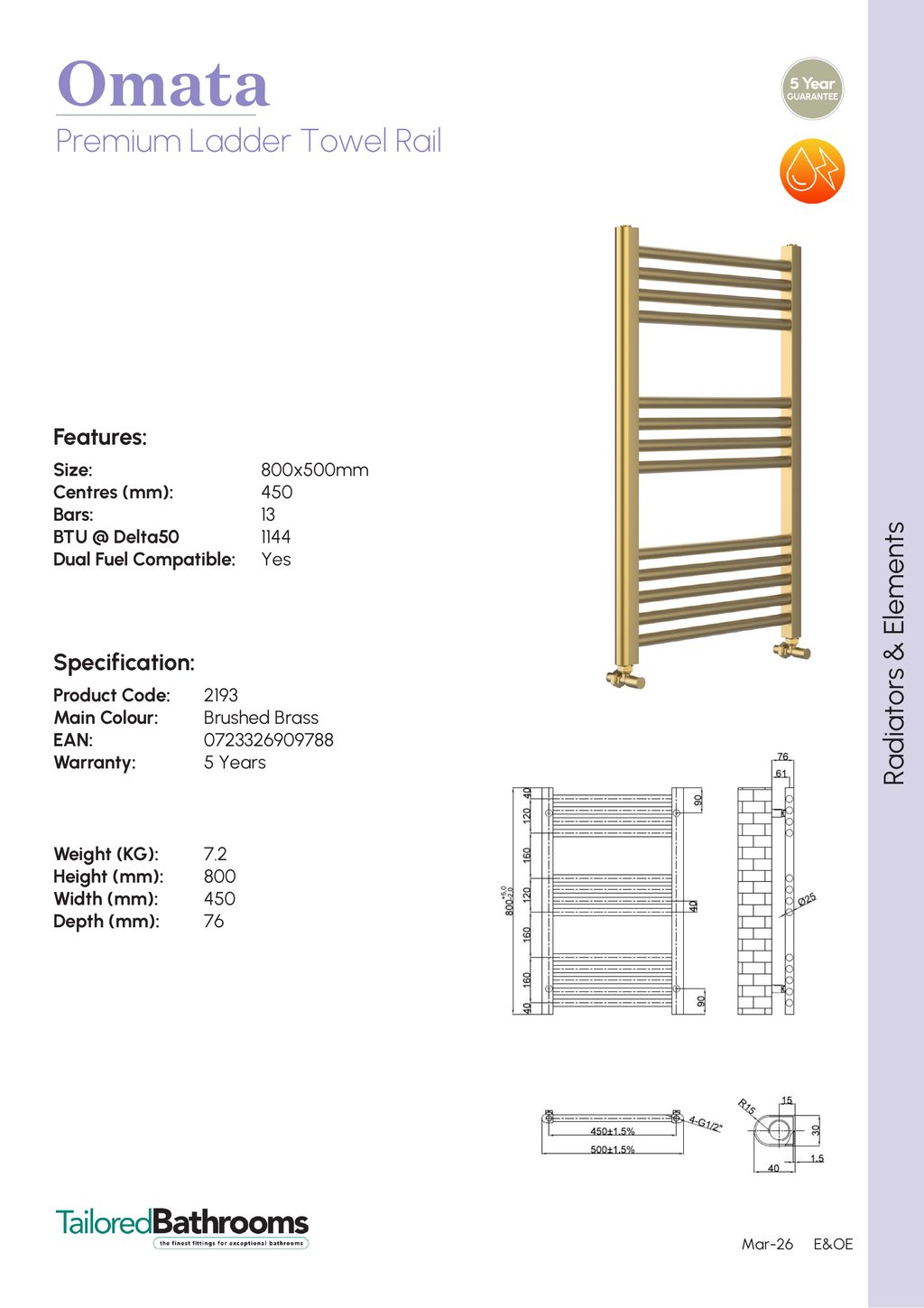 Tailored Omata 800x500mm Towel Rail - specification sheet with technical drawing and dimensions