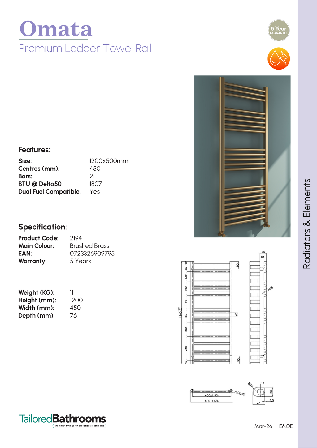 Tailored Omata 1200x500mm Towel Rail - specification sheet with technical drawing and dimensions