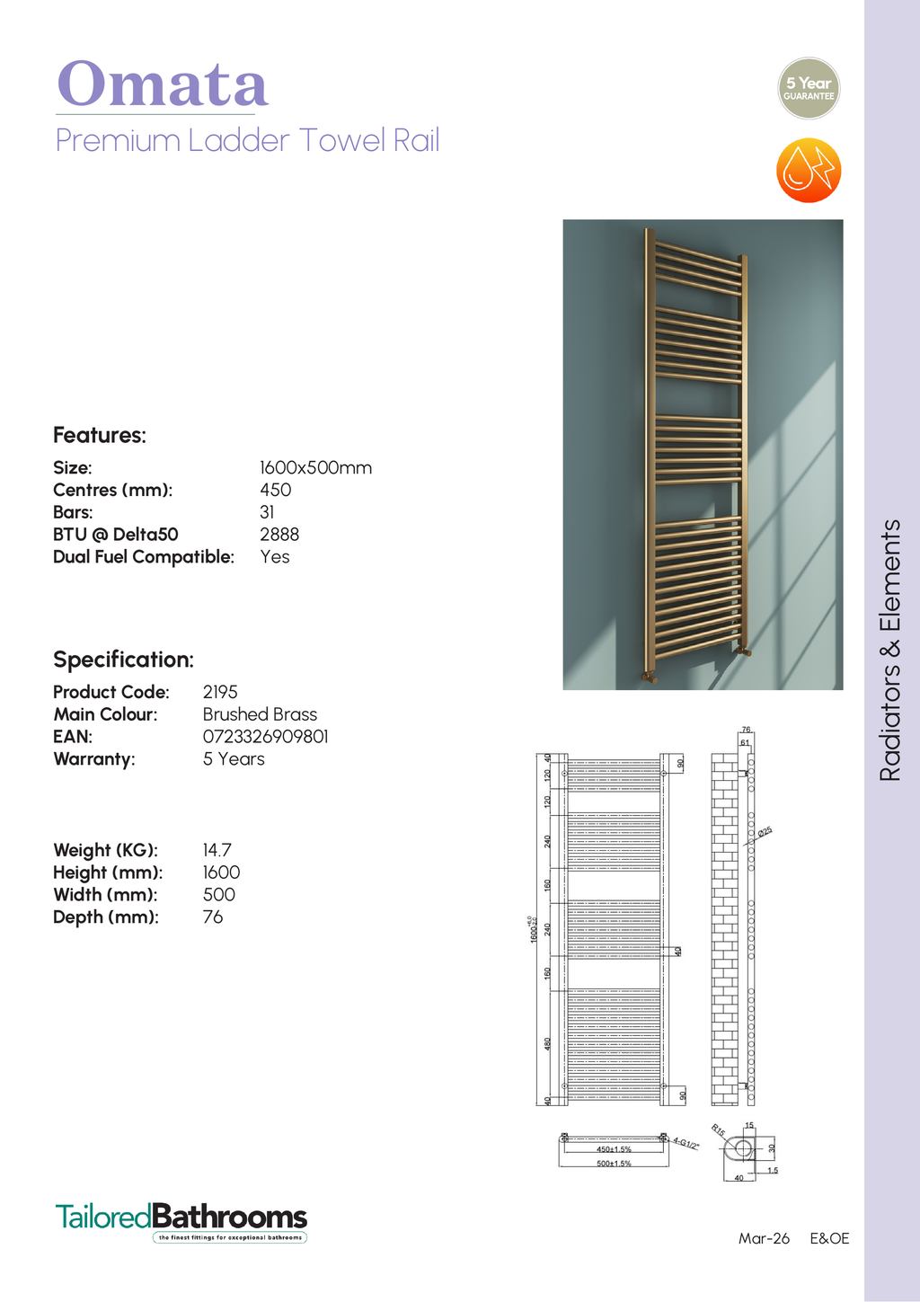 Tailored Omata 1600x500mm Towel Rail - specification sheet with technical drawing and dimensions