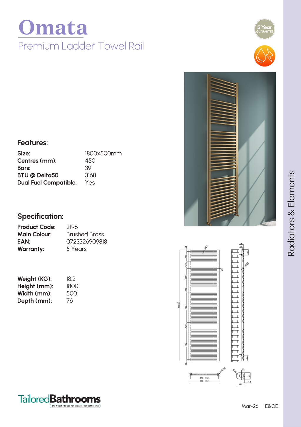 Tailored Omata 1800x500mm Towel Rail - specification sheet with technical drawing and dimensions