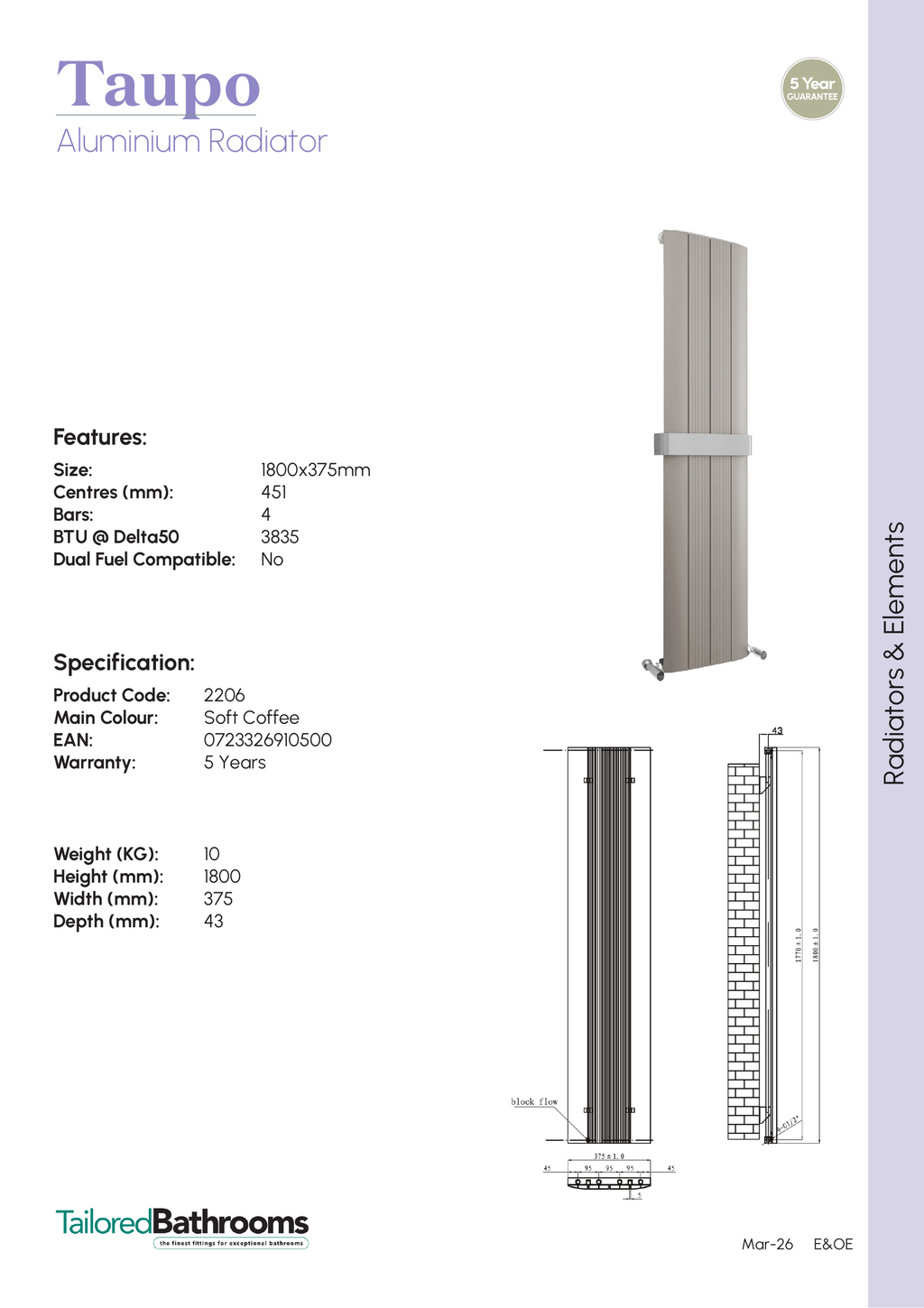 Tailored Taupo Aluminium Radiator 1800x375mm - Soft Coffee - specification sheet with technical drawing and dimensions