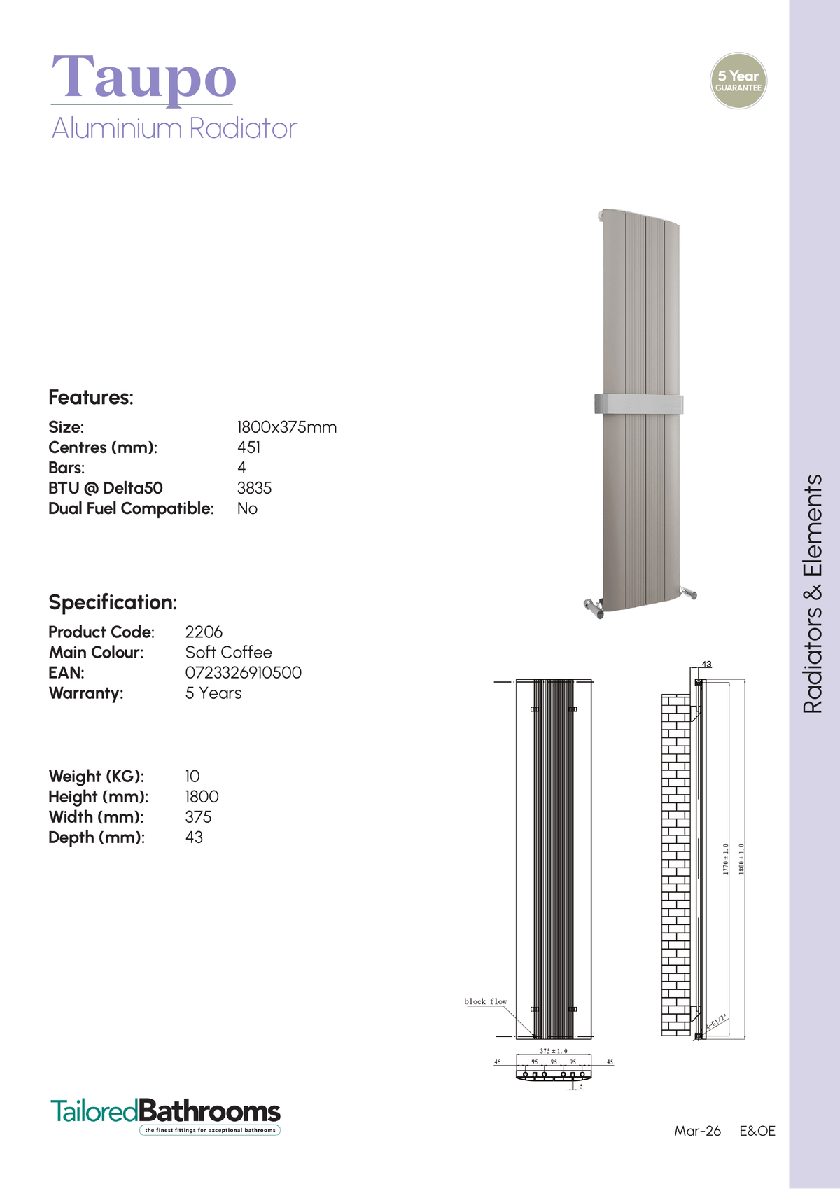 Tailored Taupo Aluminium Radiator 1800x375mm - Soft Coffee - specification sheet with technical drawing and dimensions