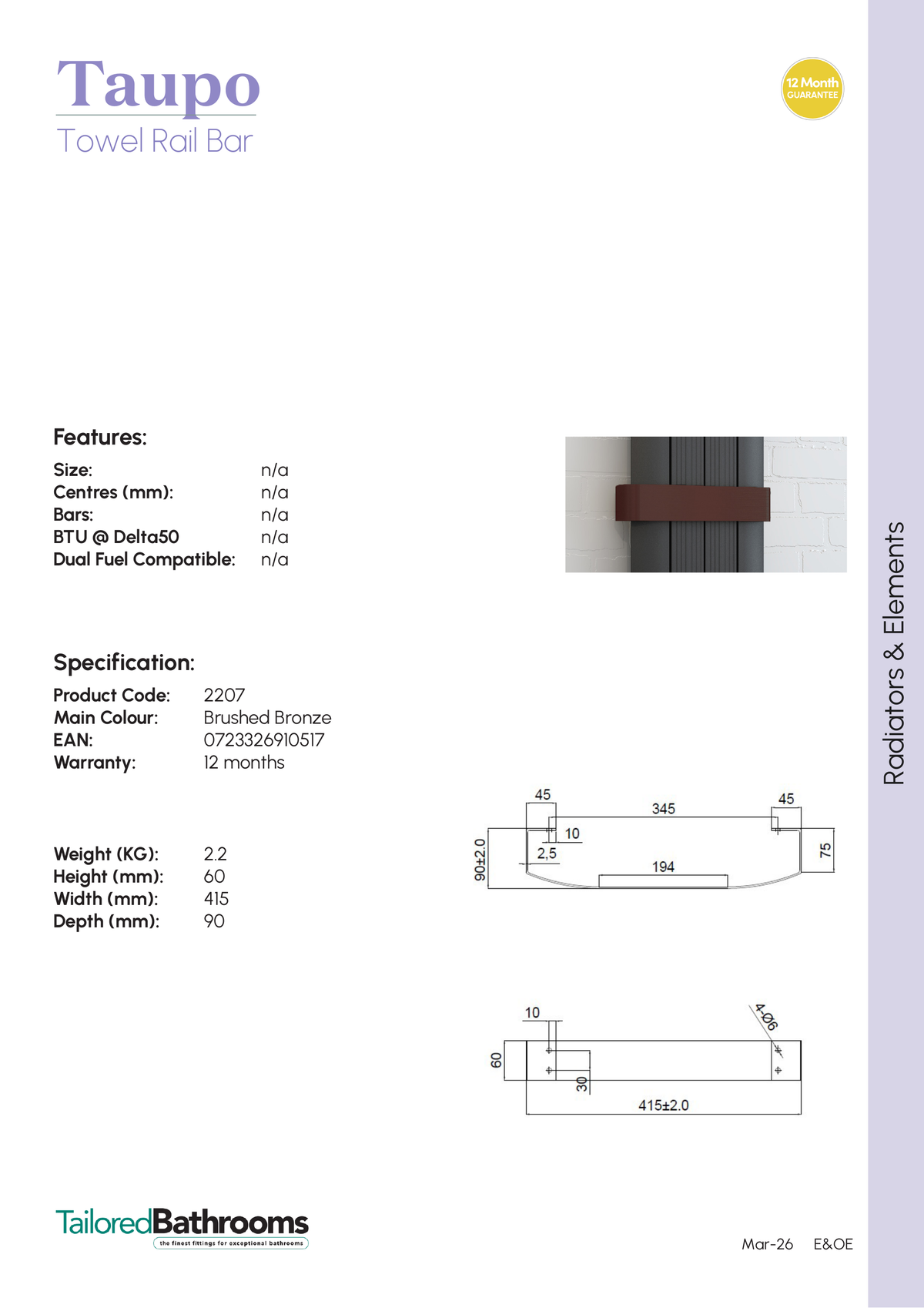 Tailored Taupo Towel Rail Bar - specification sheet with technical drawing and dimensions