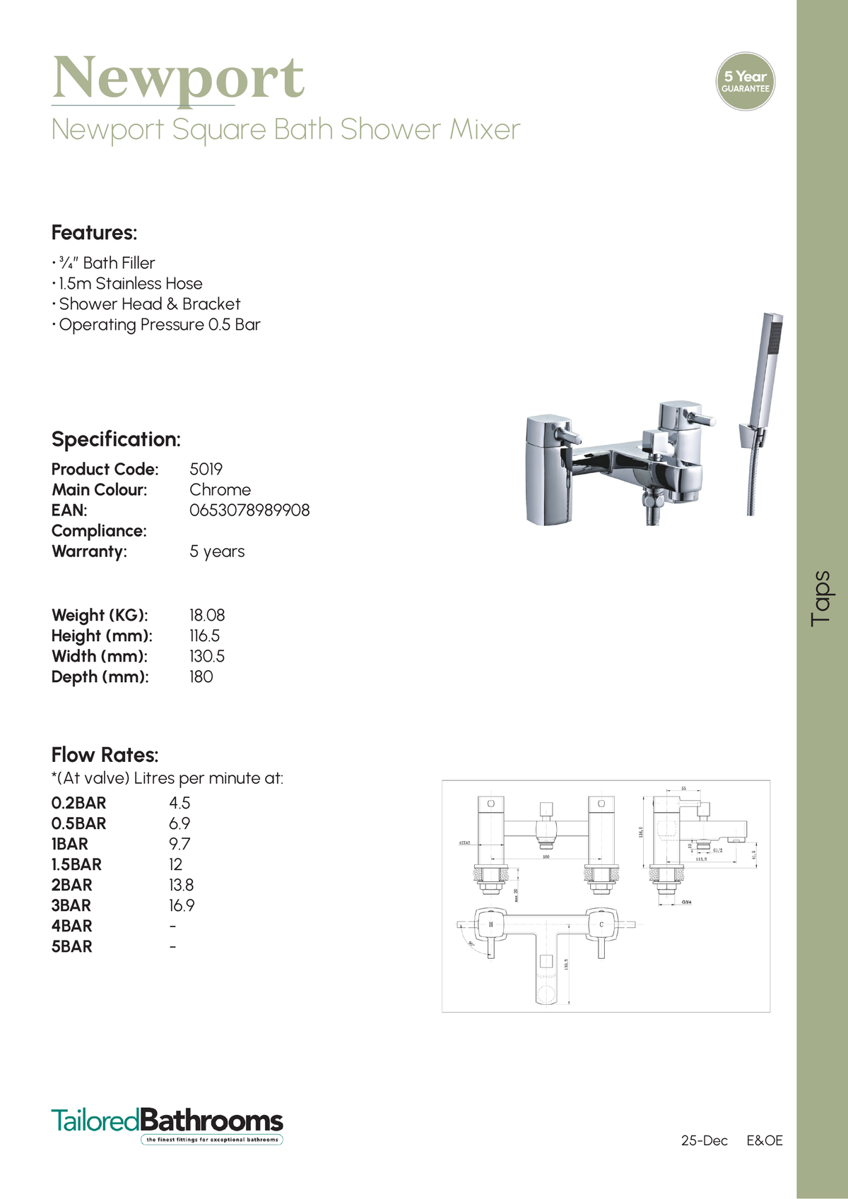 Tailored Newport Square Bath Shower Mixer Tap - Chrome - specification sheet with technical drawing and dimensions