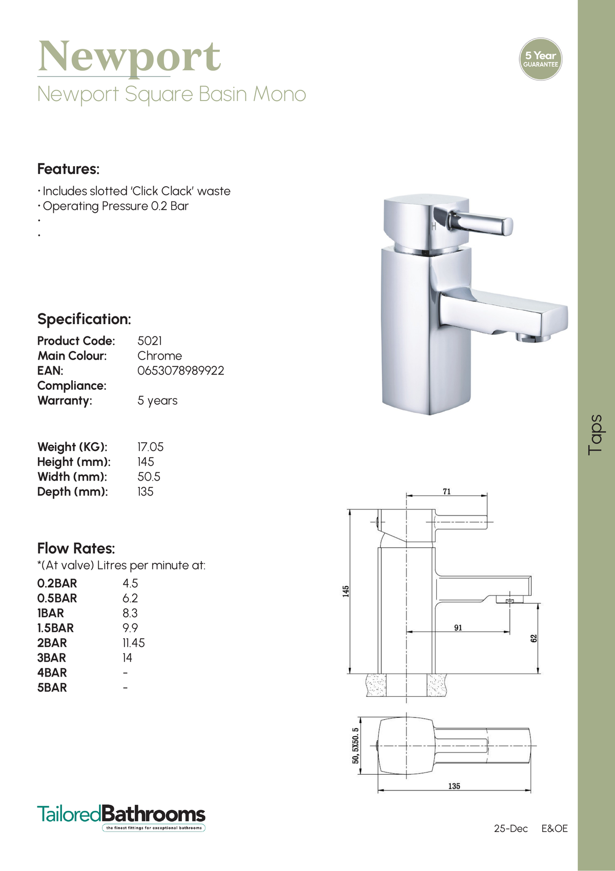 Tailored Newport Square Mono Basin Mixer Tap - Chrome - specification sheet with technical drawing and dimensions