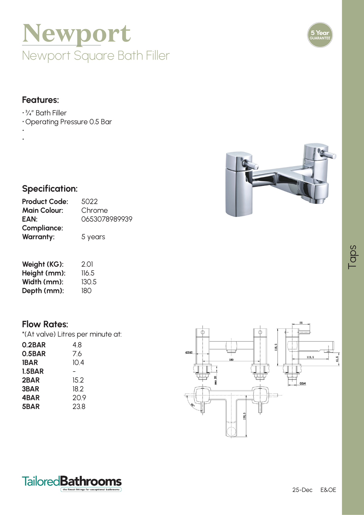 Tailored Newport Square Bath Filler Tap - Chrome - specification sheet with technical drawing and dimensions