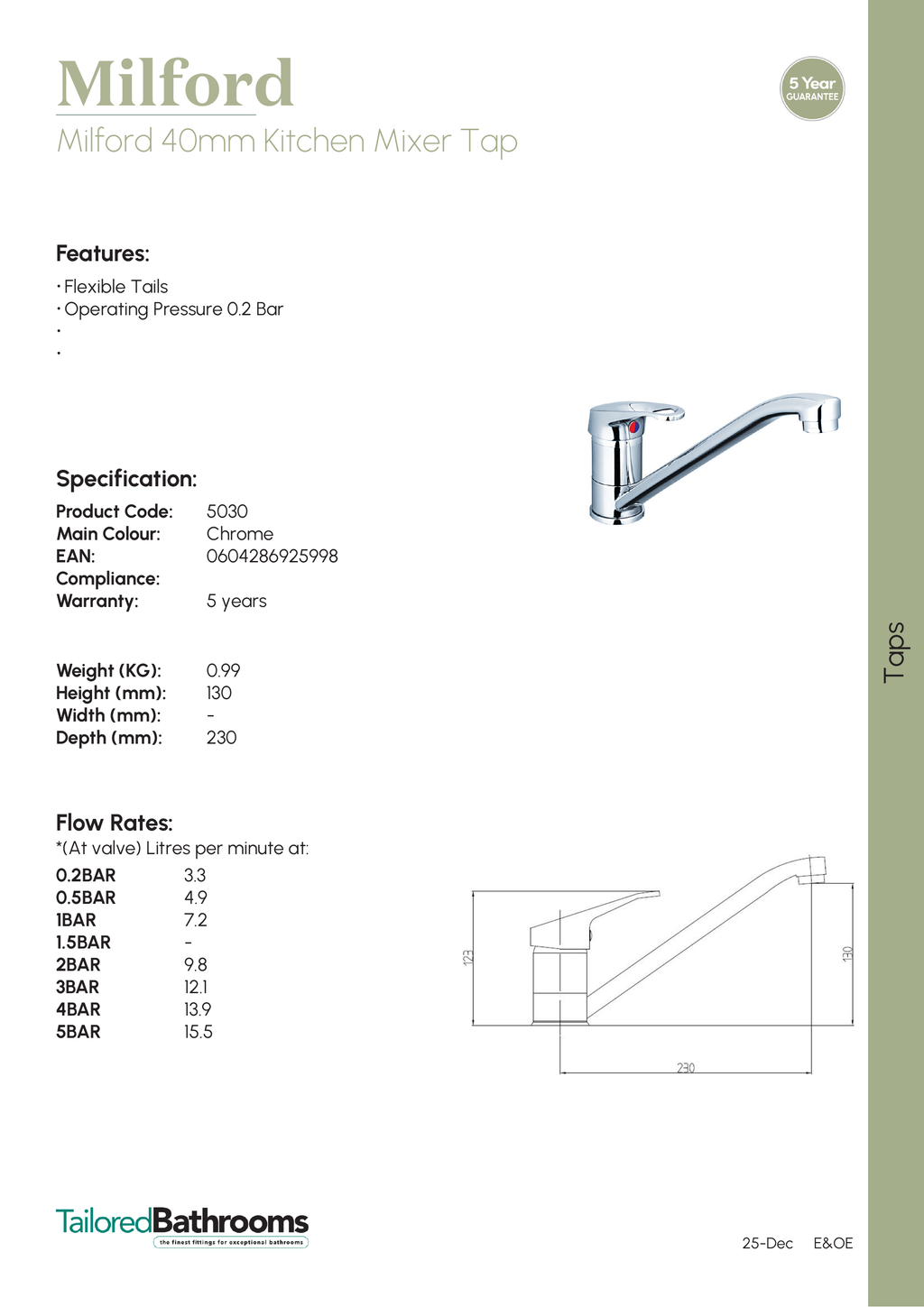 Tailored Milford 40mm Kitchen Mixer Tap - Chrome - specification sheet with technical drawing and dimensions