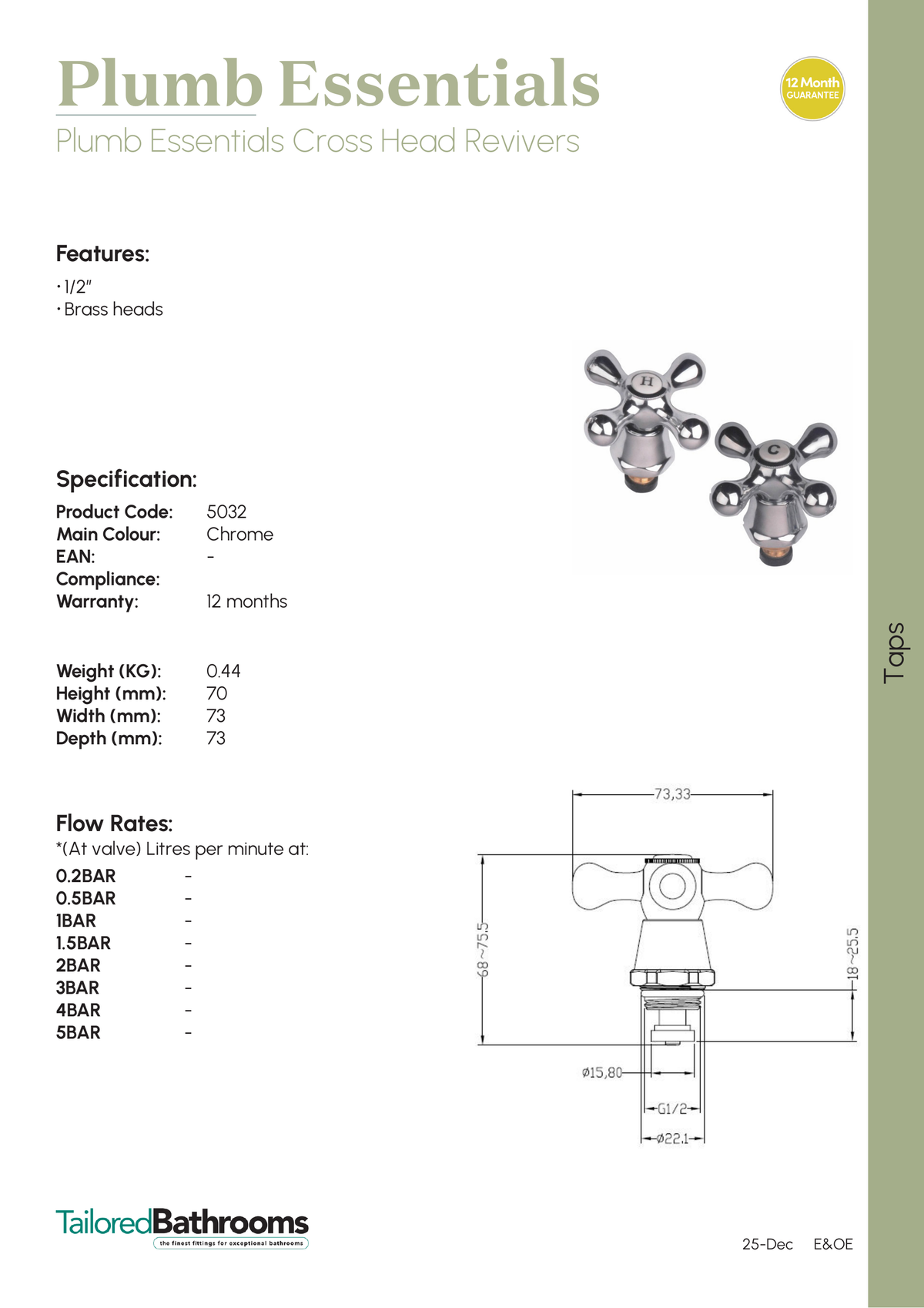 Tailored Plumb Essentials 1/2" Crosshead Revivers - specification sheet with technical drawing and dimensions