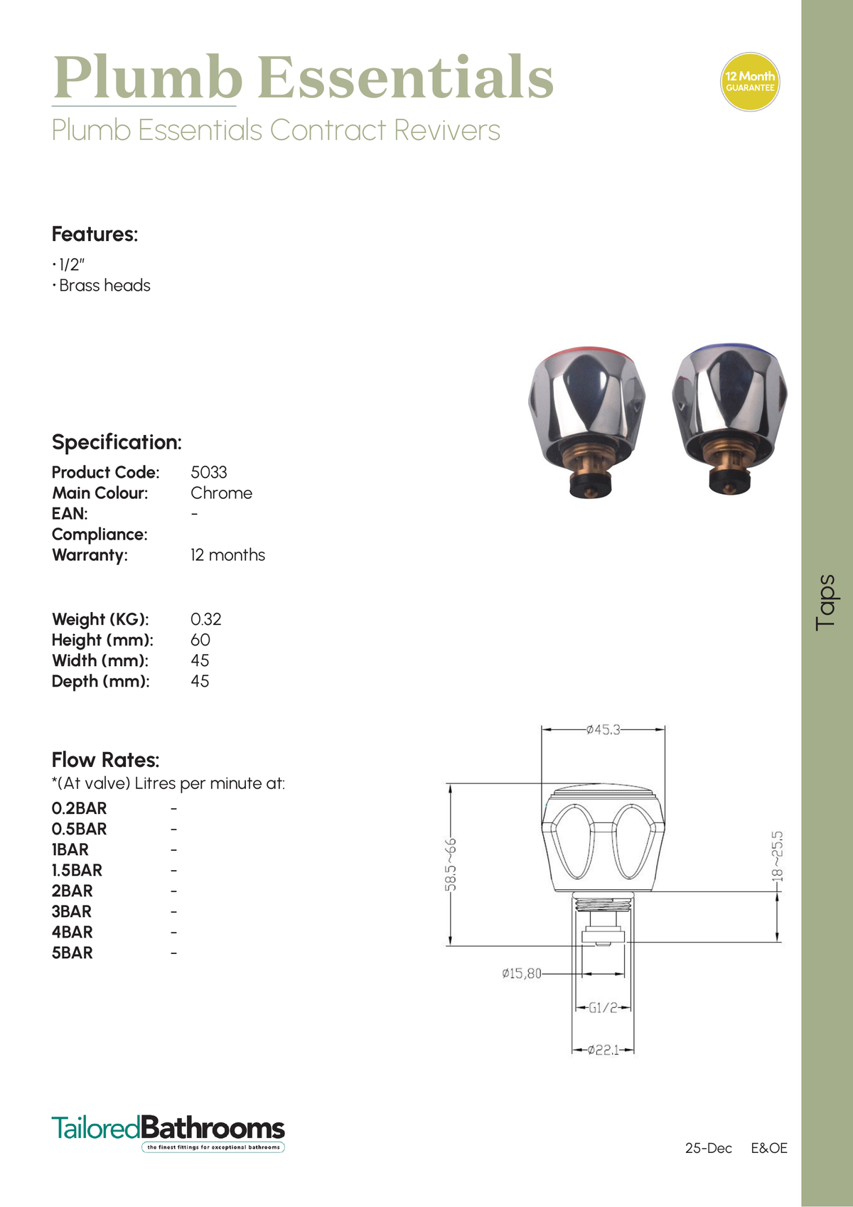 Tailored Plumb Essentials 1/2" Contract Revivers - specification sheet with technical drawing and dimensions