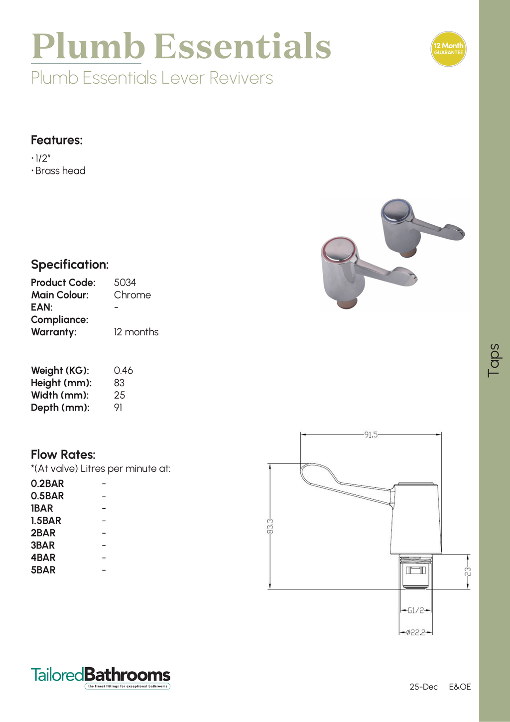 Tailored Plumb Essentials 1/2" Lever Revivers - specification sheet with technical drawing and dimensions