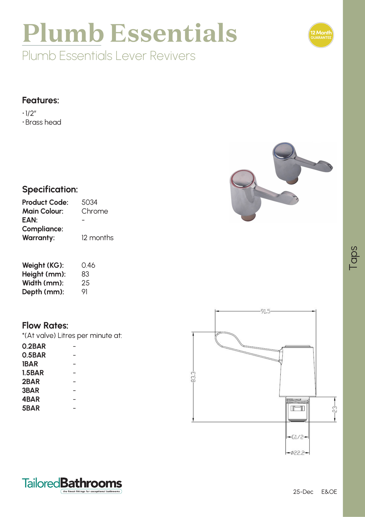 Tailored Plumb Essentials 1/2" Lever Revivers - specification sheet with technical drawing and dimensions