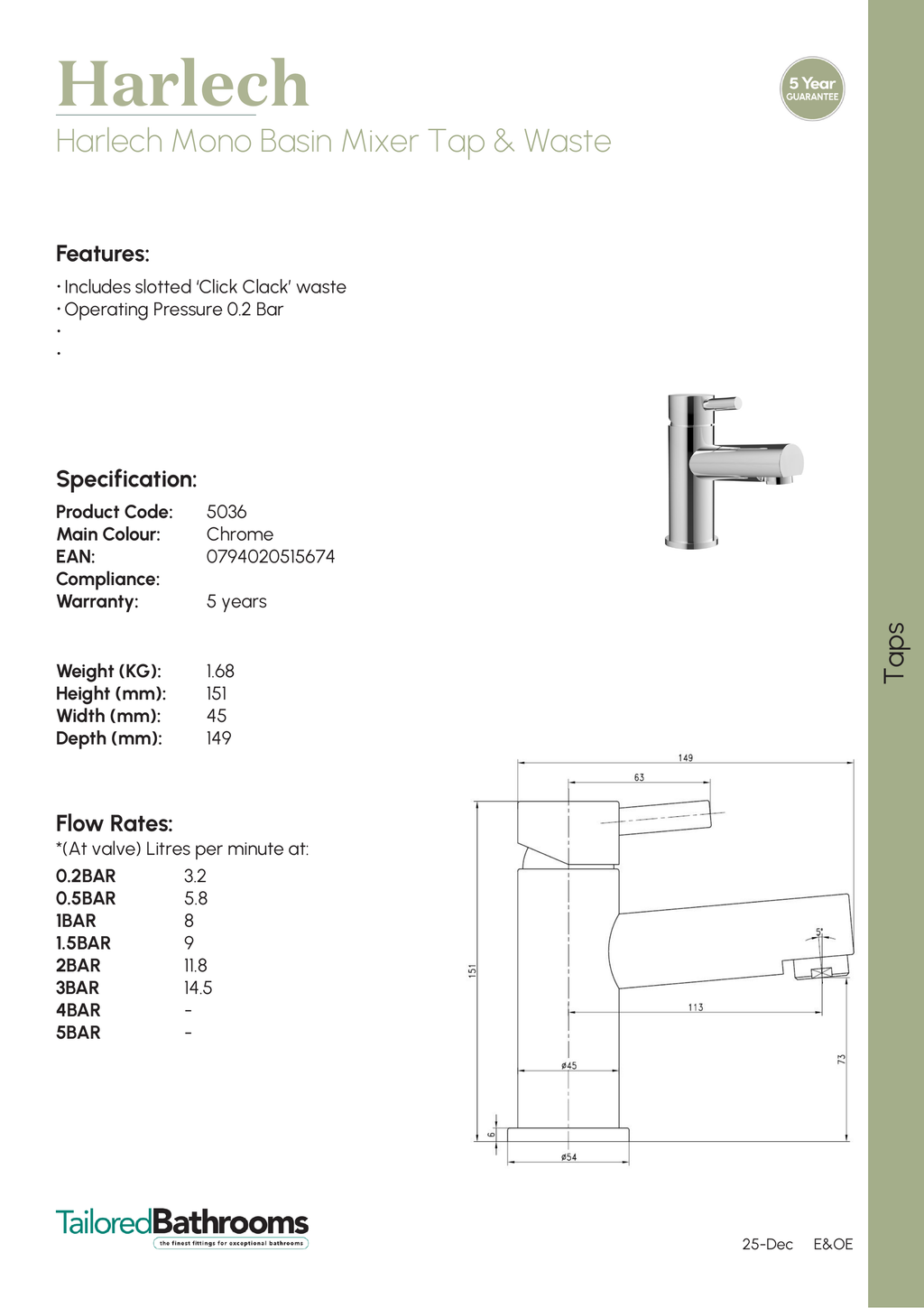 Tailored Harlech Mono Basin Mixer Tap With Waste - Chrome - specification sheet with technical drawing and dimensions