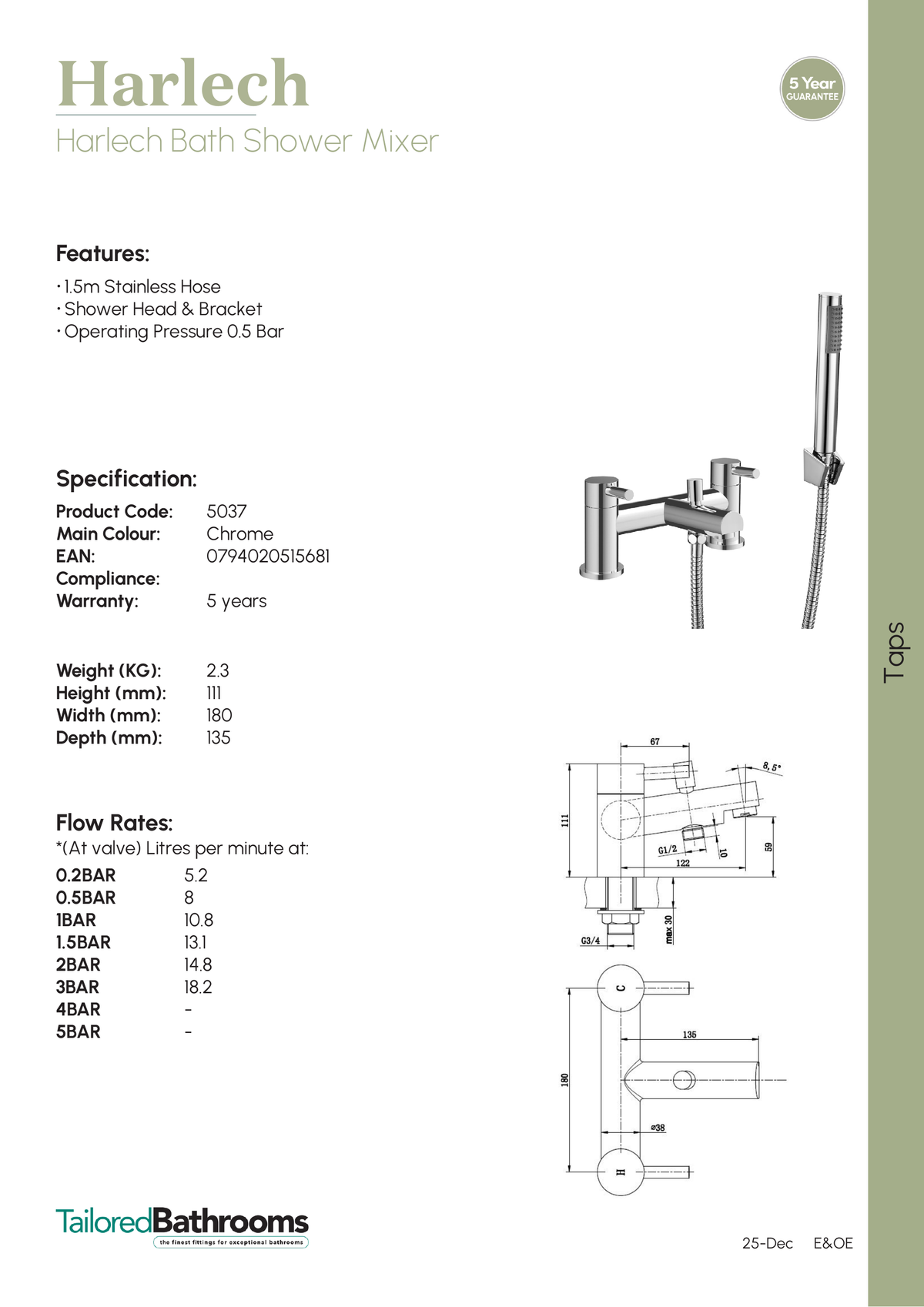 Tailored Harlech Bath Shower Mixer Tap With Handset, Hose And Bracket - Brushed Brass - specification sheet with technical drawing and dimensions