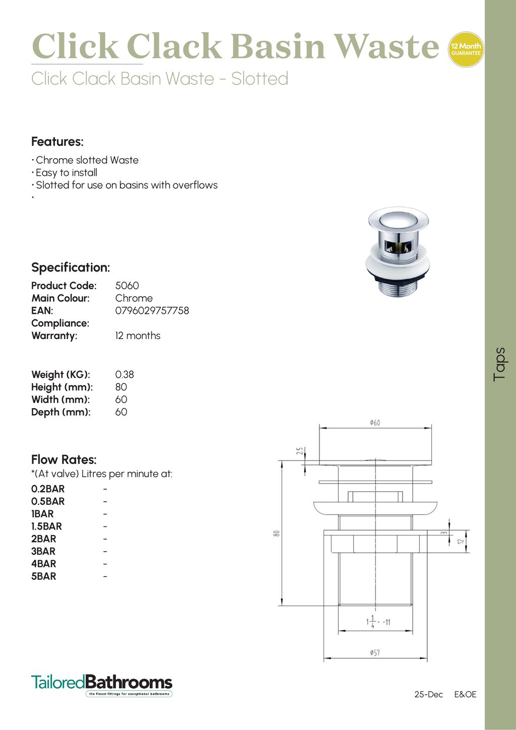 Tailored Slotted Click Clack Basin Waste - specification sheet with technical drawing and dimensions
