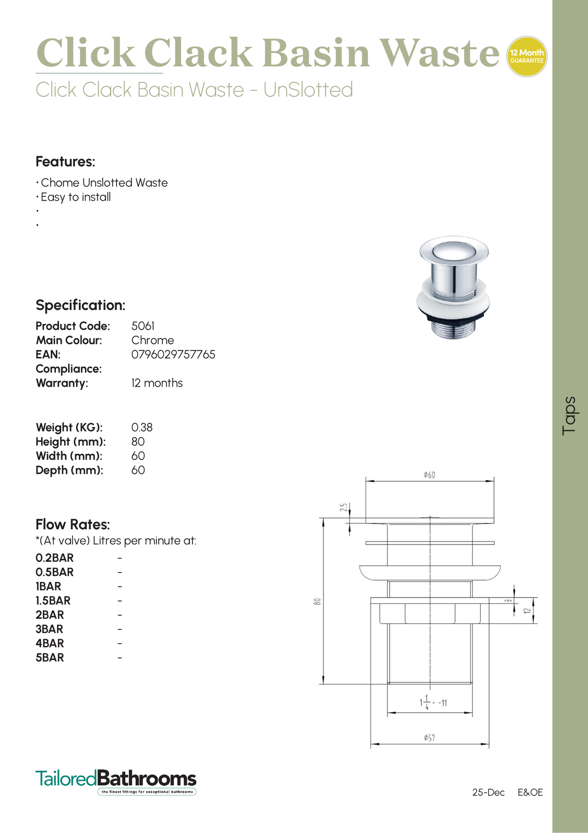 Tailored Unslotted Click Clack Basin Waste - specification sheet with technical drawing and dimensions