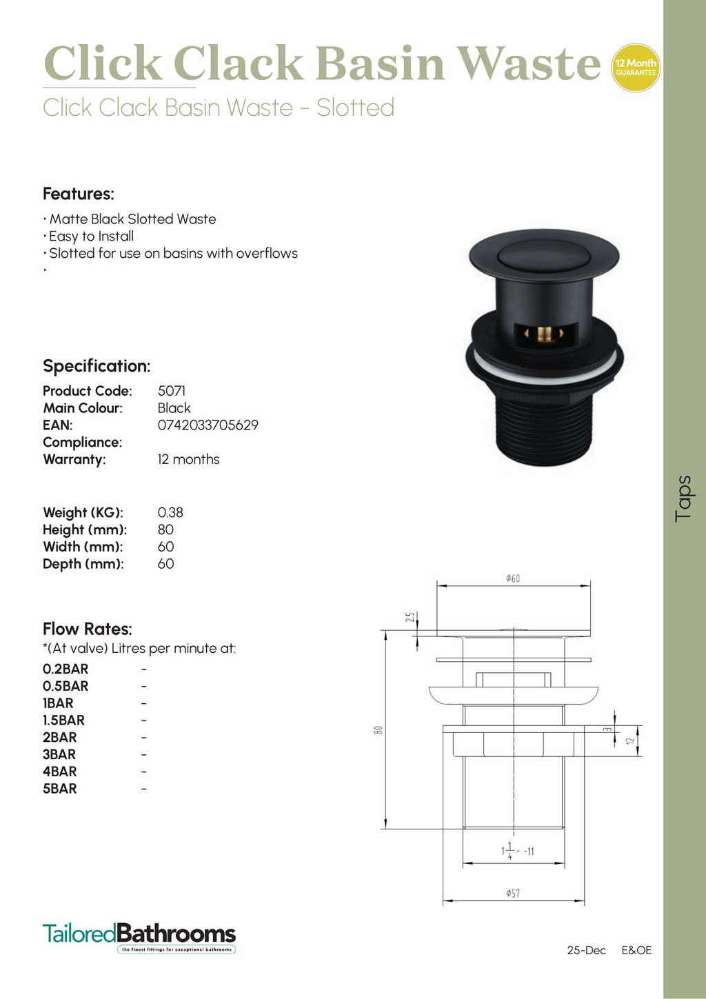 Tailored Slotted Click Clack Basin Waste - specification sheet with technical drawing and dimensions