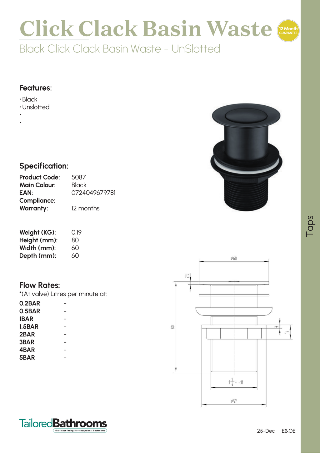 Tailored Unslotted Click Clack Basin Waste - specification sheet with technical drawing and dimensions