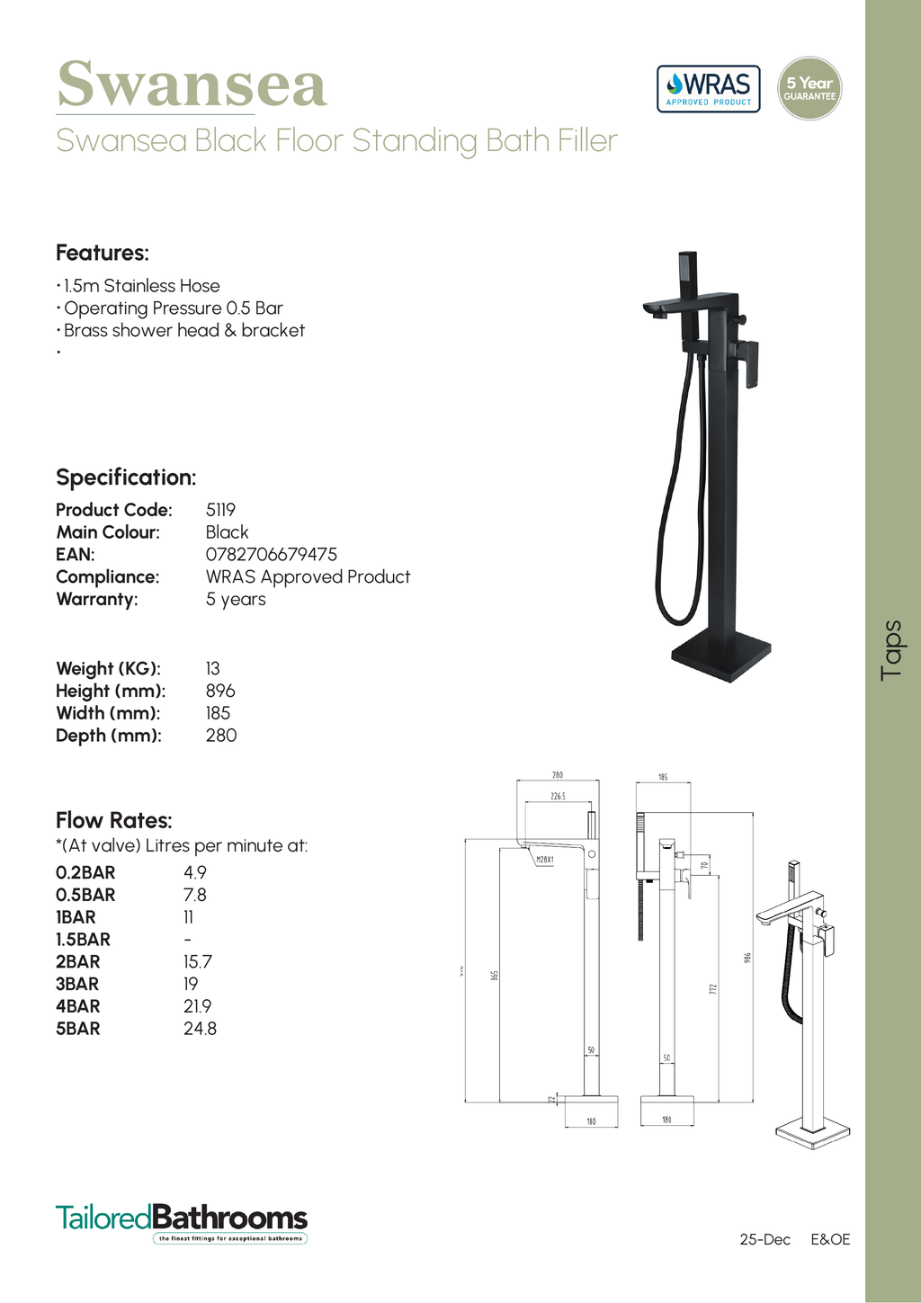 Tailored Swansea Floorstanding Bath Shower Mixer Tap - specification sheet with technical drawing and dimensions