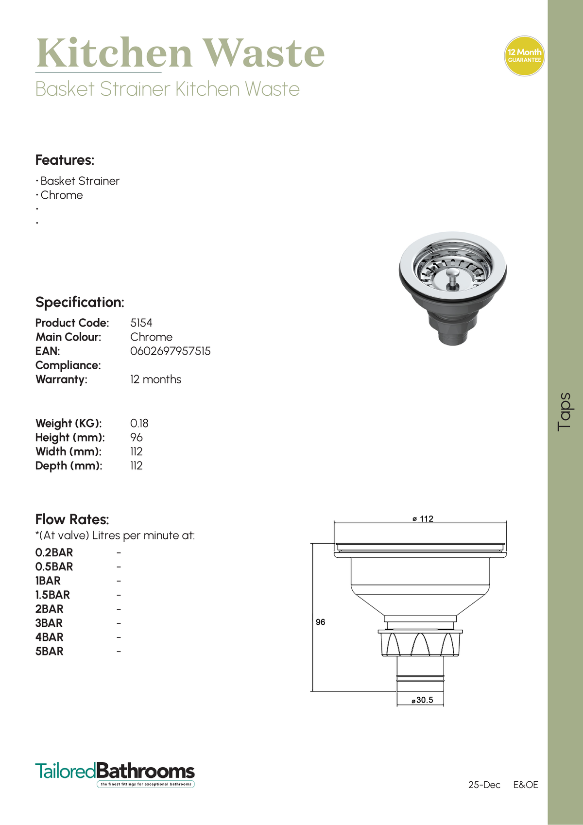 Tailored Basket Strainer Kitchen Sink Waste - specification sheet with technical drawing and dimensions