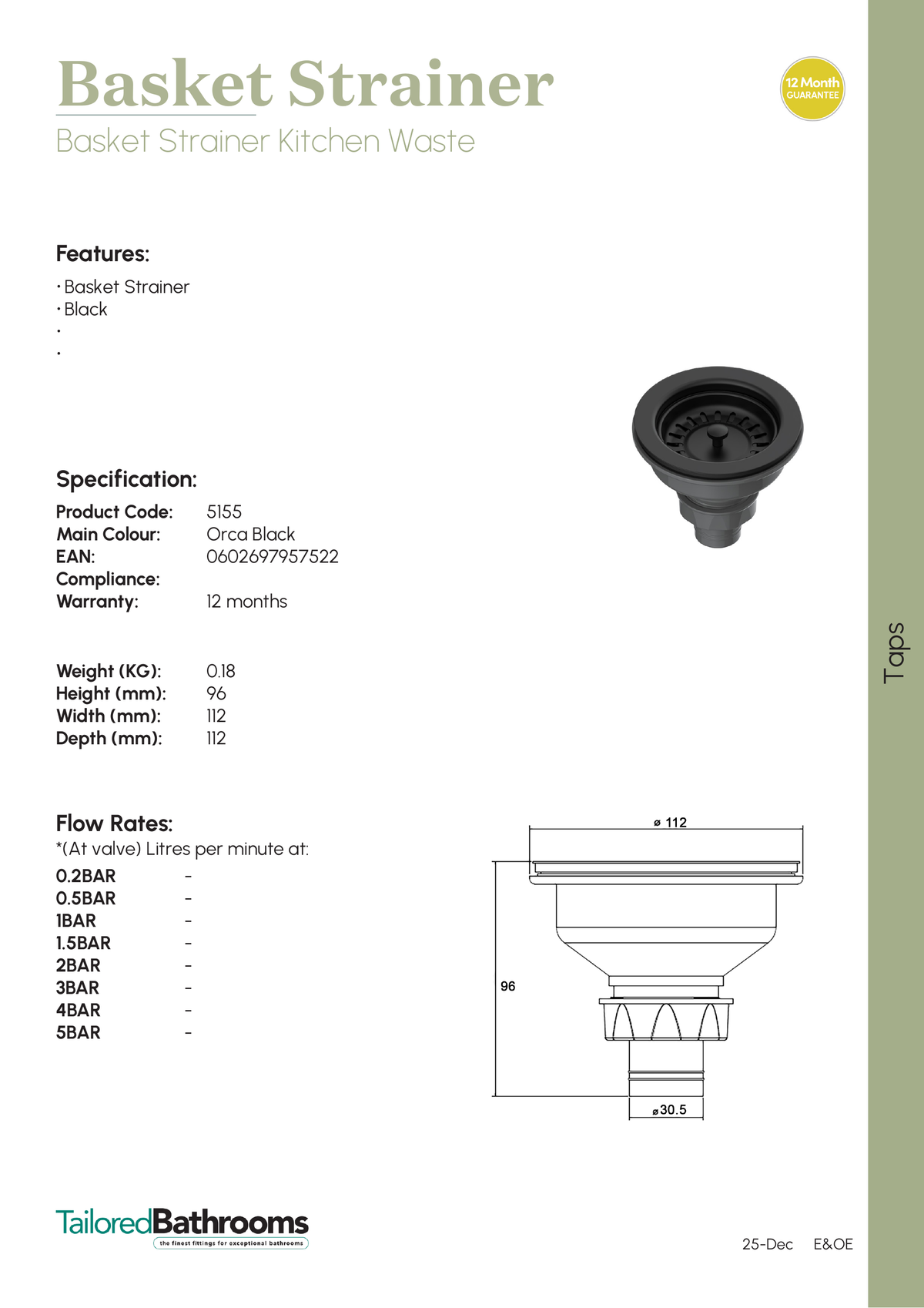 Tailored Basket Strainer Kitchen Sink Waste - specification sheet with technical drawing and dimensions