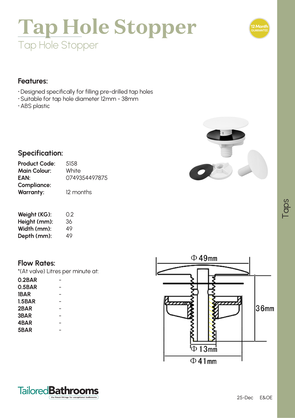 Tailored Tap Hole Stopper - specification sheet with technical drawing and dimensions