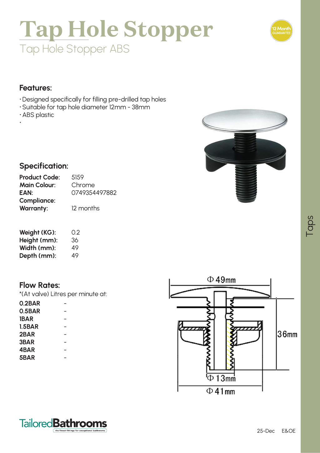 Tailored Tap Hole Stopper - specification sheet with technical drawing and dimensions