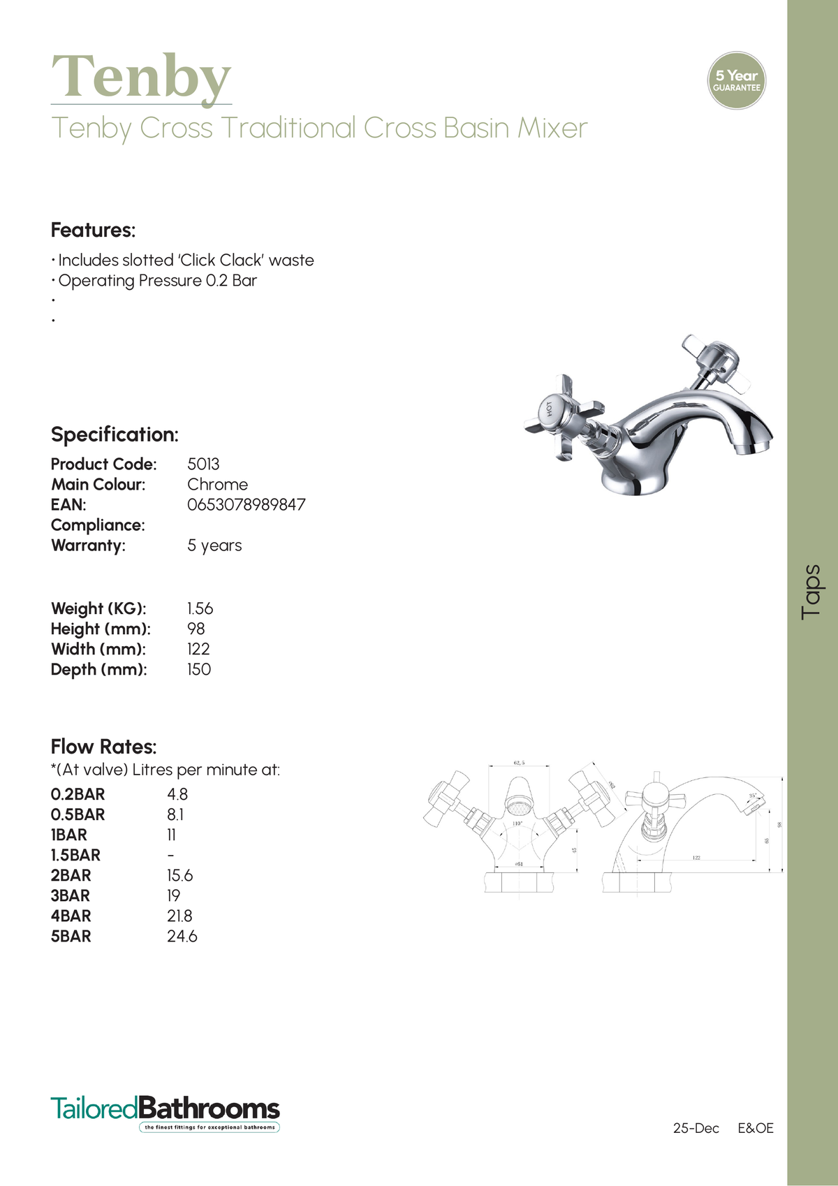 Tailored Tenby Traditional Crosshead Basin Mixer Tap - Chrome - specification sheet with technical drawing and dimensions
