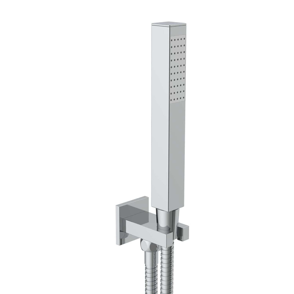 Sleek modern shower head and handheld shower system with chrome finish, perfect for contemporary bathroom upgrades and stylish bathroom fixtures.
