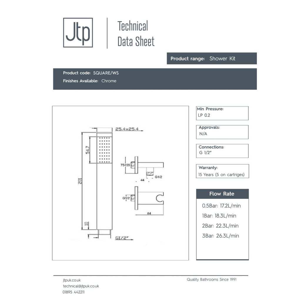 Shower kit technical data sheet with detailed dimensions, specifications, flow rates, and connection details for high-quality bathroom shower fittings.