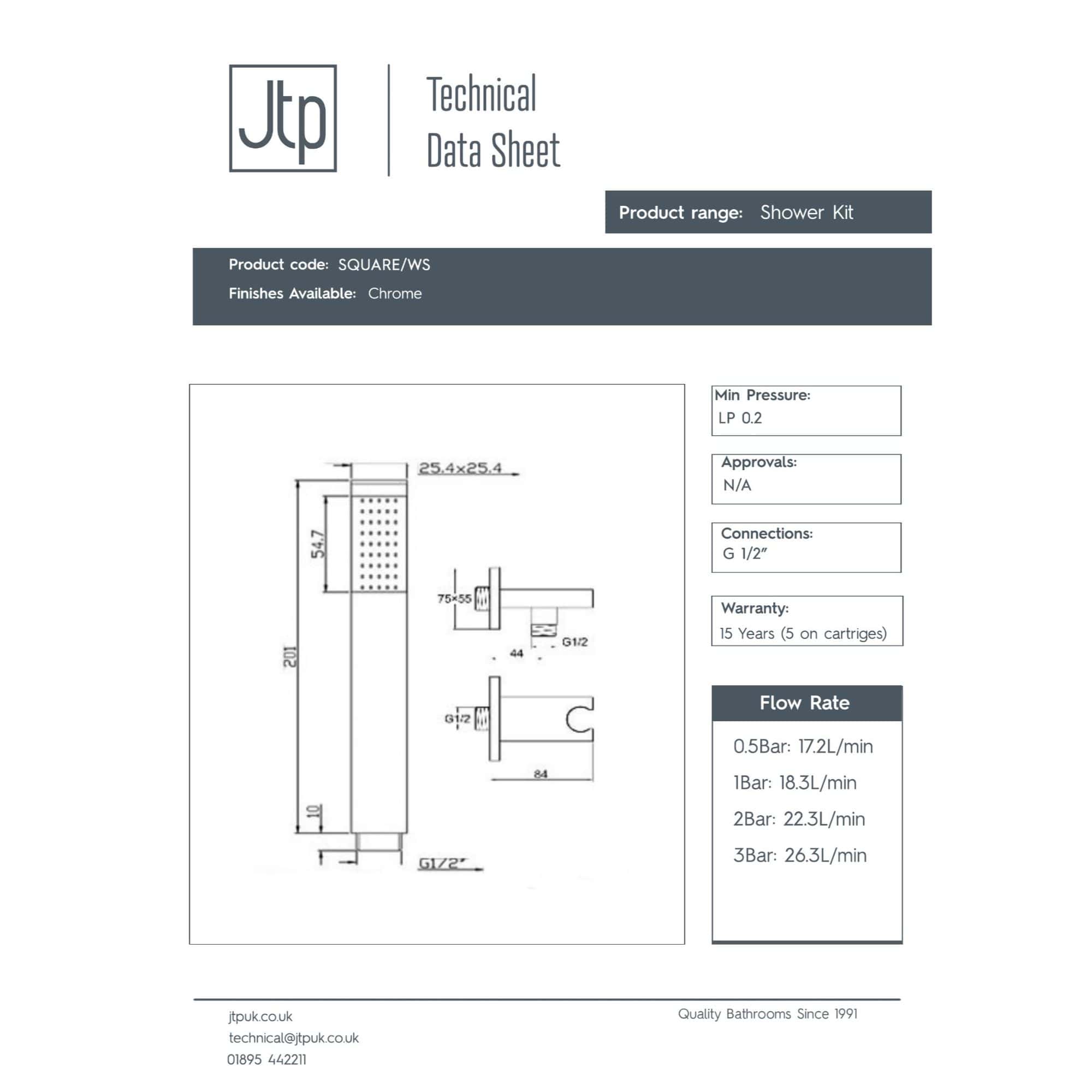 Shower kit technical data sheet with detailed dimensions, specifications, flow rates, and connection details for high-quality bathroom shower fittings.
