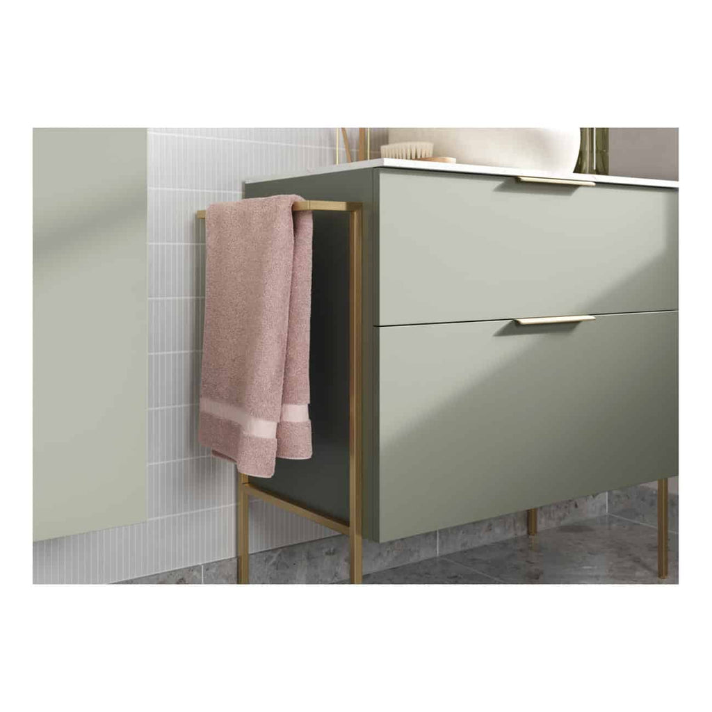 Sleek grey bathroom vanity with dual drawers, modern gold handles, and a wooden towel rack for stylish storage. Perfect for contemporary bathroom interiors.