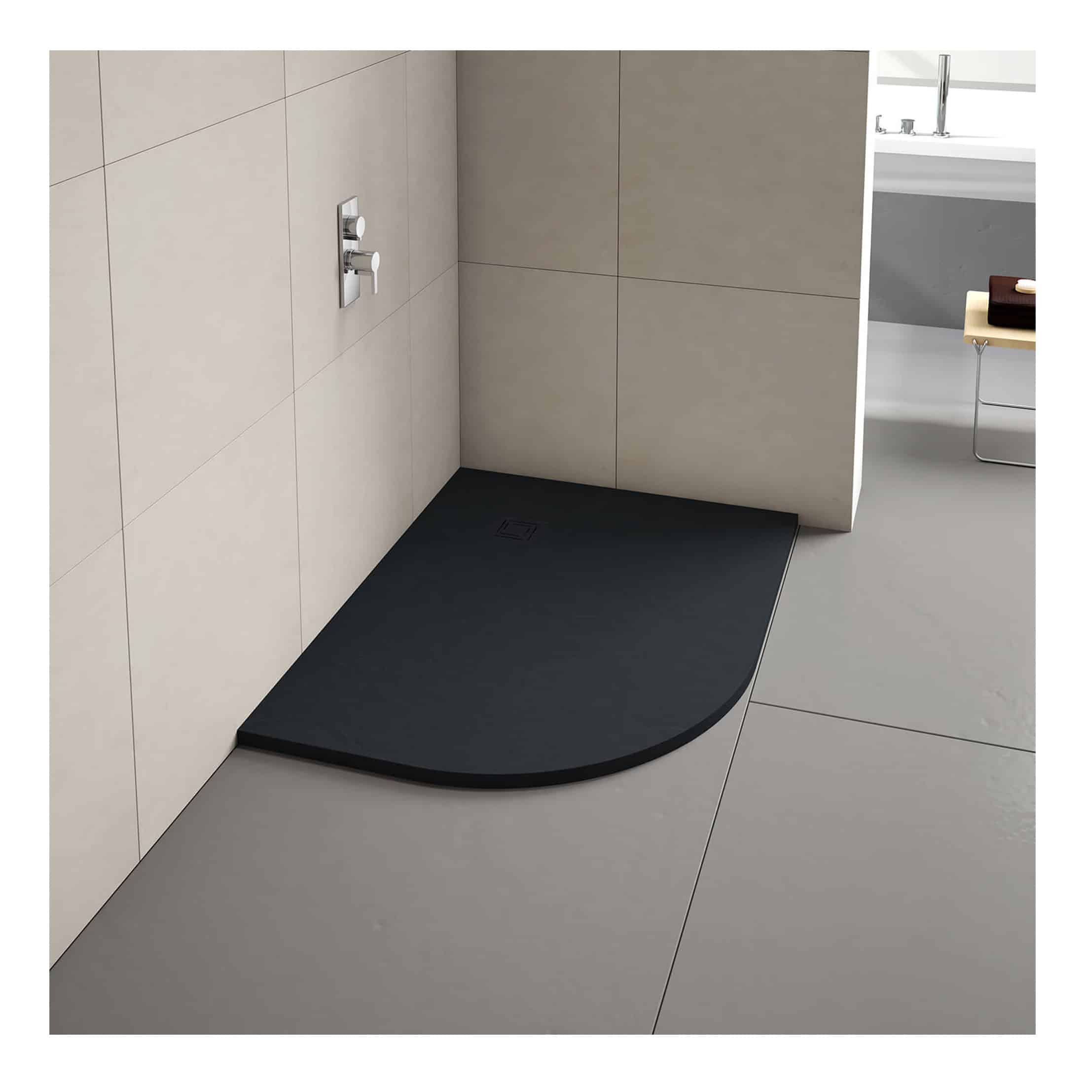 Modern black walk-in shower tray with drainage, sleek design, and minimalist bathroom setting, perfect for contemporary bathroom renovations and enhancing shower area aesthetics.