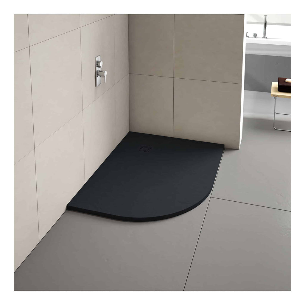 Modern black walk-in shower tray with drainage, sleek design, and minimalist bathroom setting, perfect for contemporary bathroom renovations and enhancing shower area aesthetics.