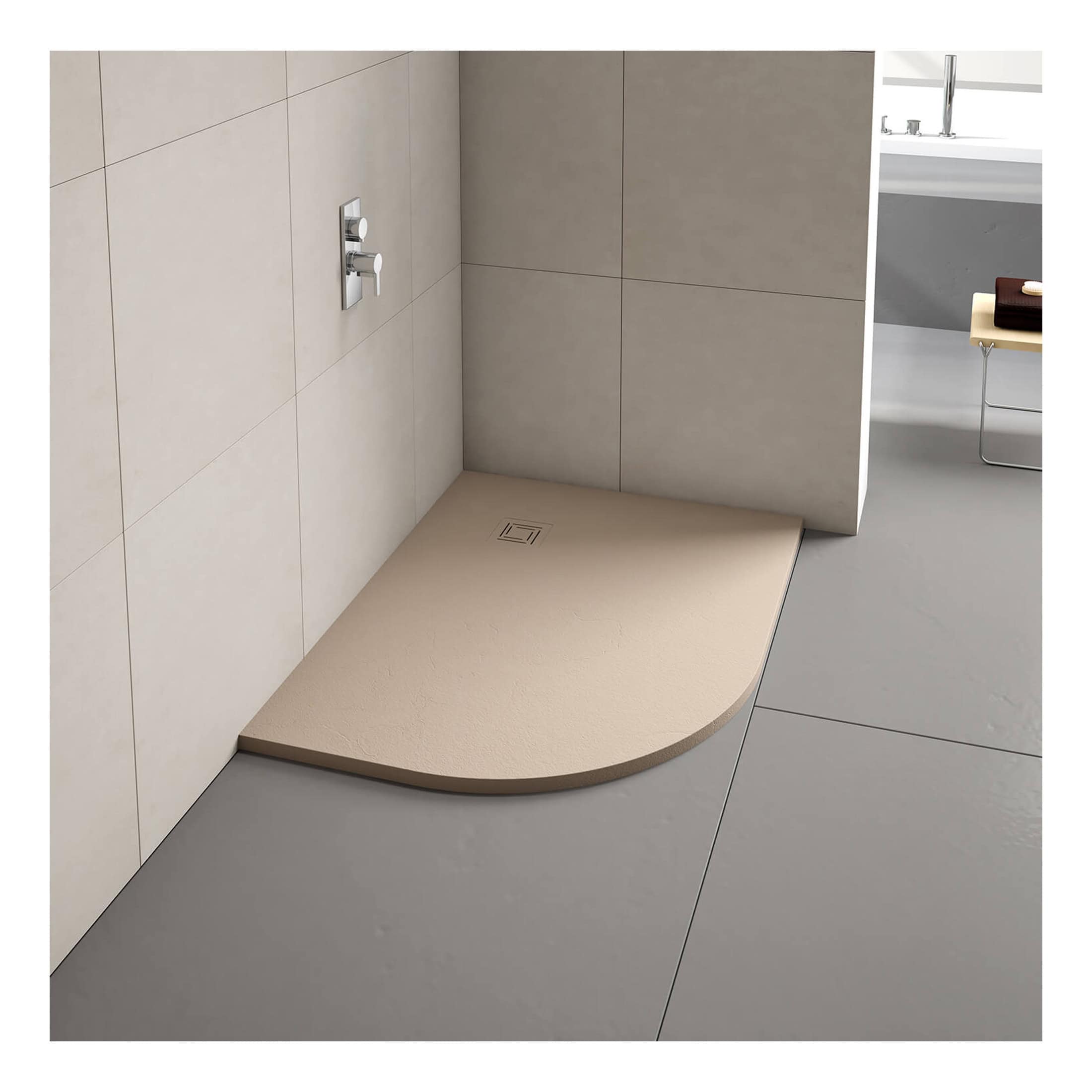 Flexible shower tray with a stylish, neutral beige finish, designed for modern bathrooms, featuring a low profile and sleek appearance for seamless shower installation.