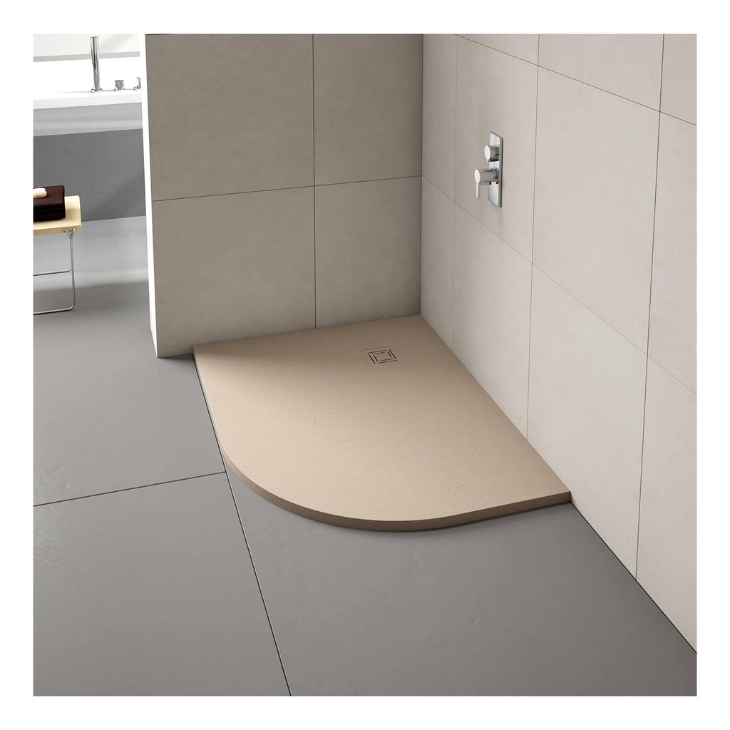 Silent-running luxury walk-in shower with beige textured shower base and modern wall-mounted controls, spacious design perfect for contemporary bathrooms.