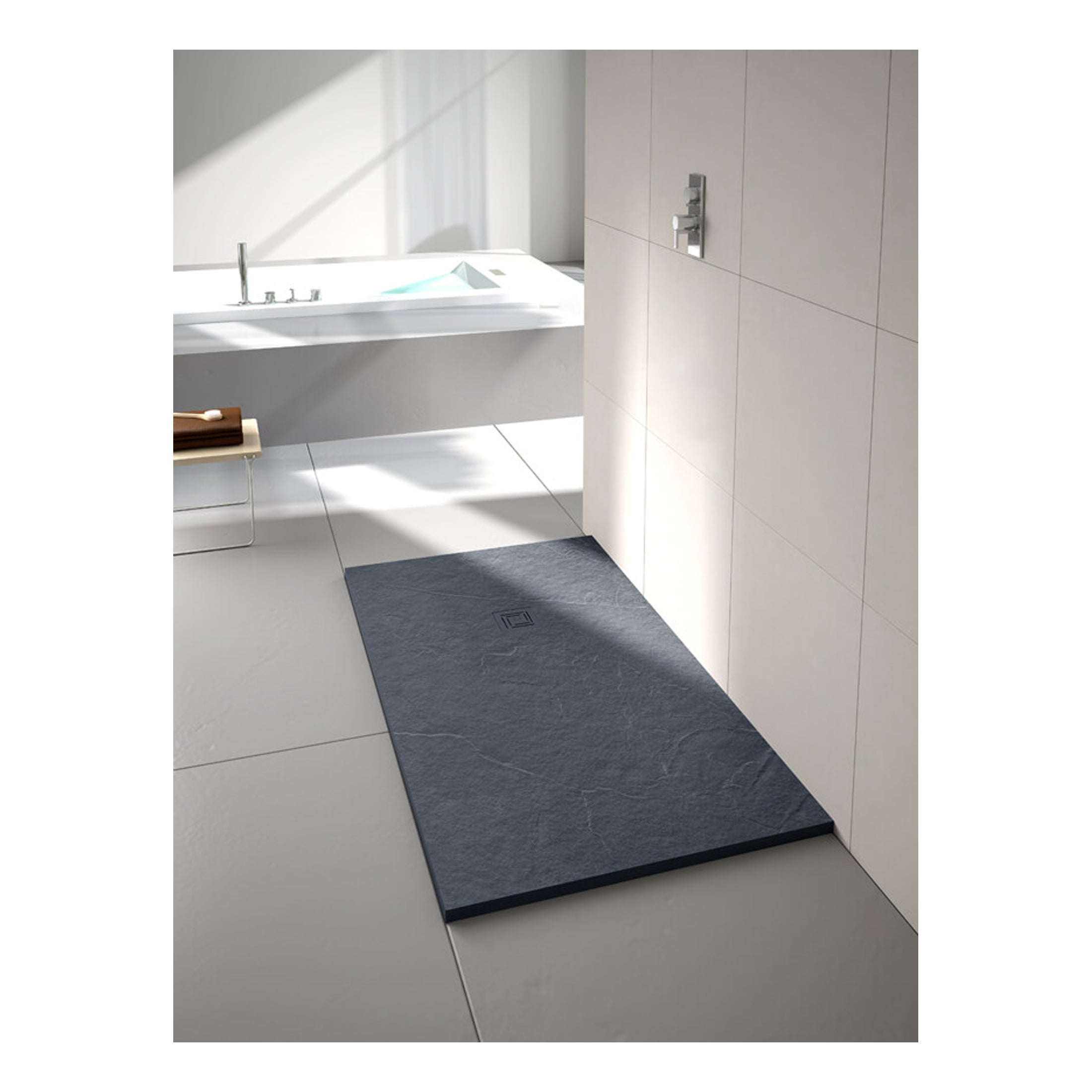 Slate grey bathroom shower tray with modern design and anti-slip surface, perfect for contemporary bathroom renovation and shower enclosure installations.