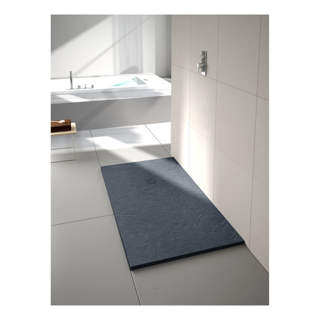 Slate grey bathroom shower tray with modern design and anti-slip surface, perfect for contemporary bathroom renovation and shower enclosure installations.