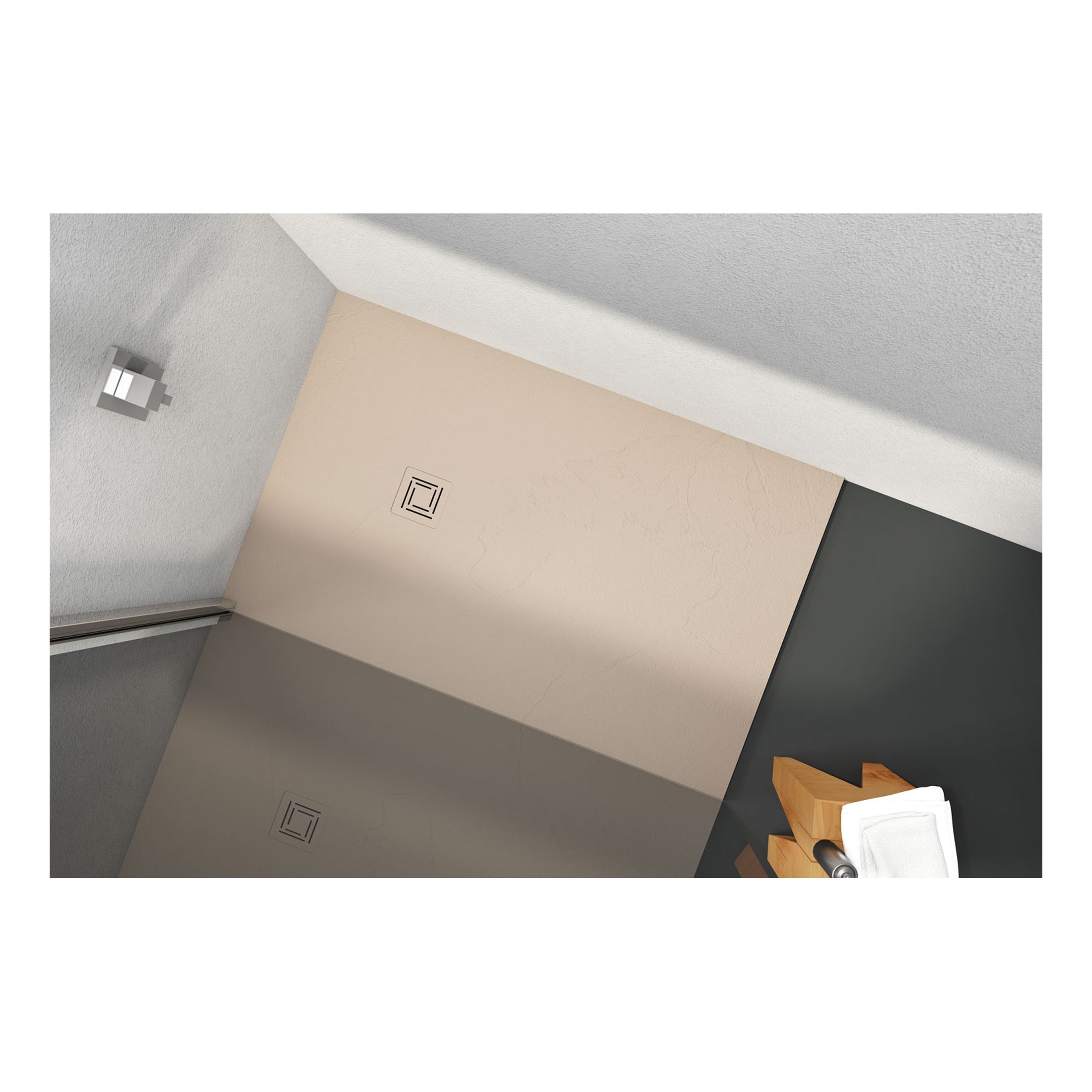 Minimalist bathroom ceiling with modern recessed lighting, a sleek ventilation grille, and clean wall finishes; ideal for stylish, contemporary bathroom design.