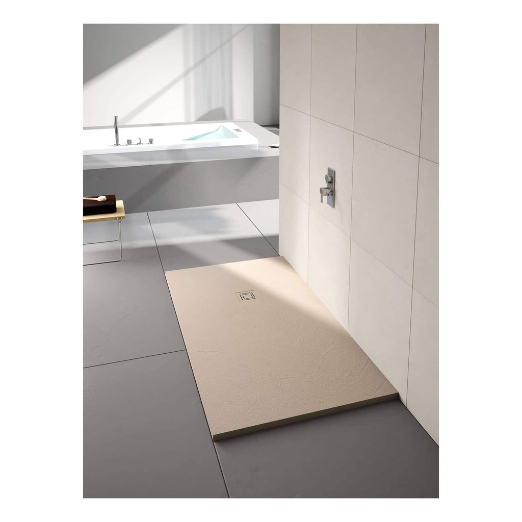High-quality beige bathroom shower tray with textured surface and modern square drain design, ideal for contemporary bathroom renovations and waterproofing solutions.